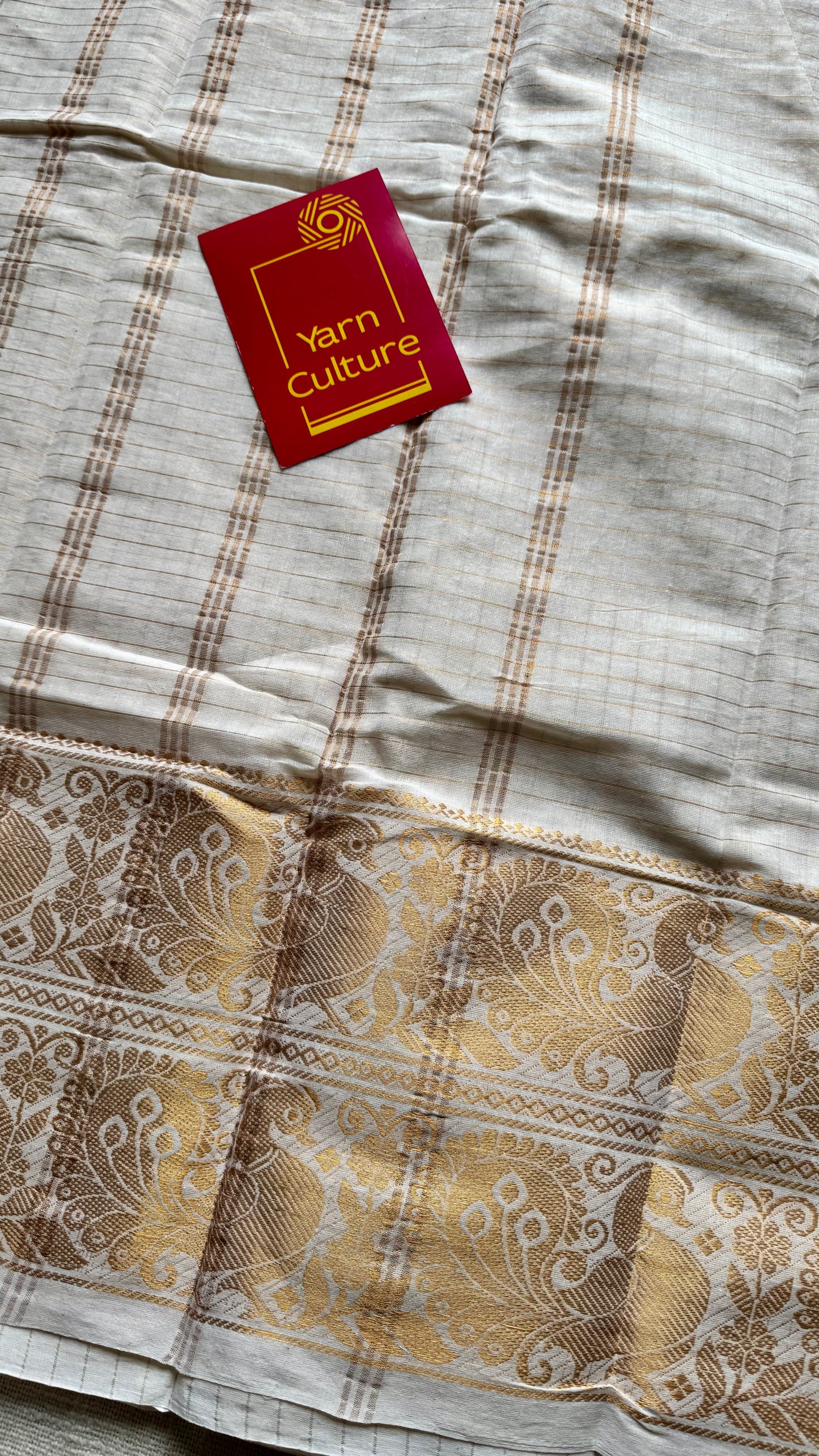 Mayura Rekha - small kattam checks, broad peacock motif, ivory & gold, soft cotton - YCON25COTN90