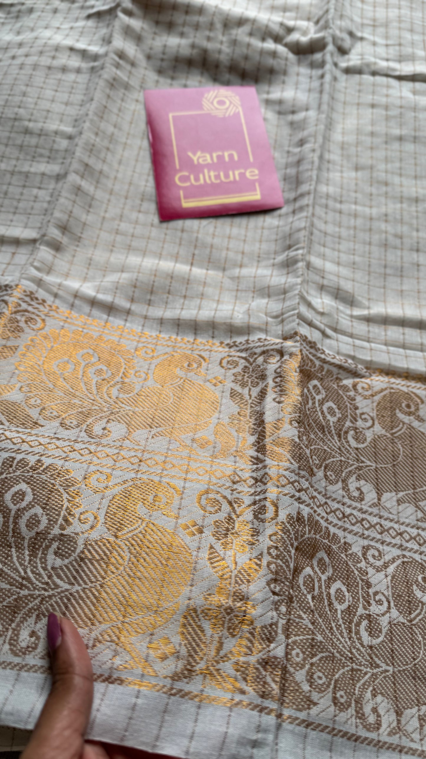 Mayura Rekha - small kattam checks, broad peacock motif, ivory & gold, soft cotton - YCON25COTN90
