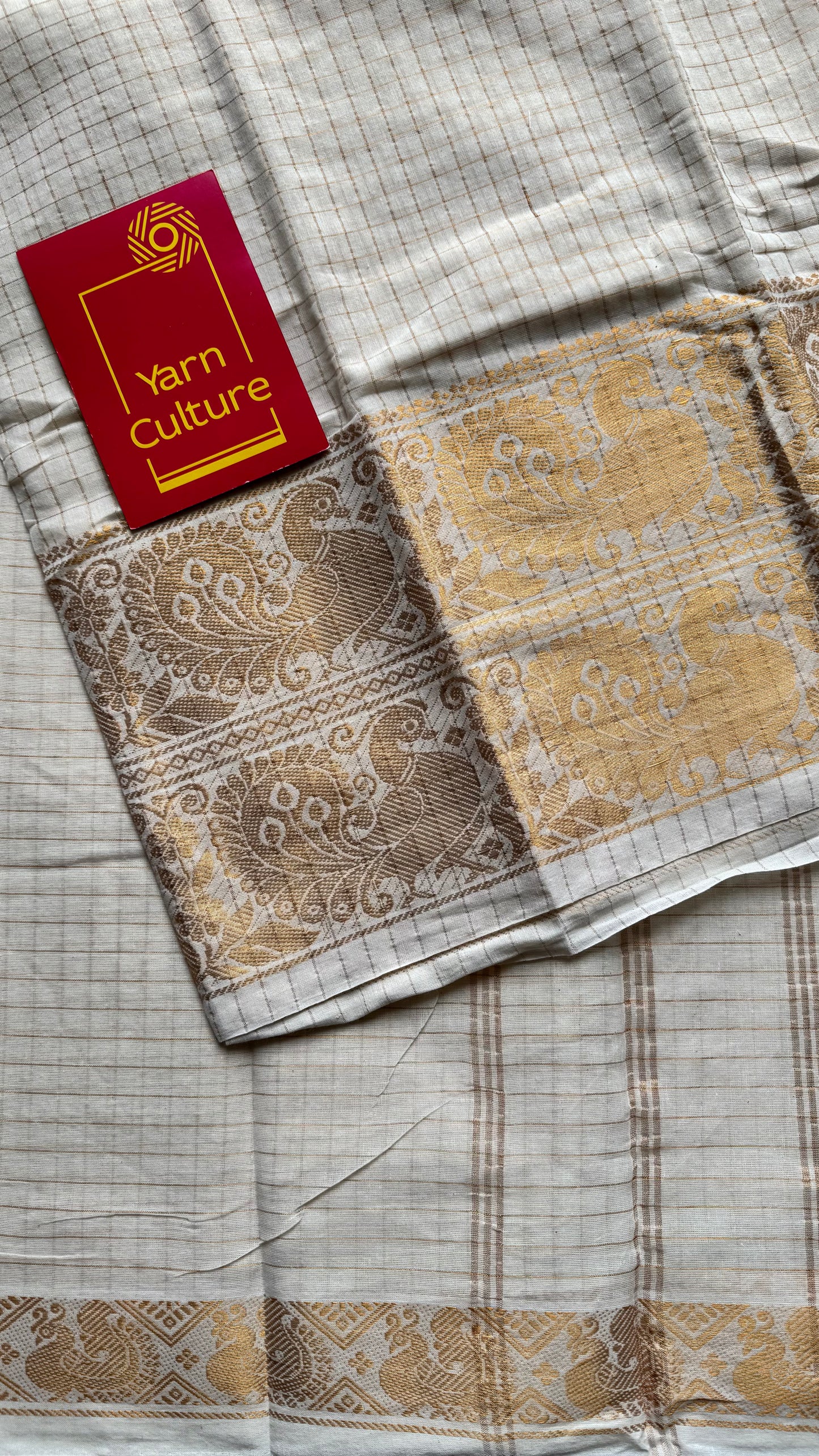 Mayura Rekha - small kattam checks, broad peacock motif, ivory & gold, soft cotton - YCON25COTN90