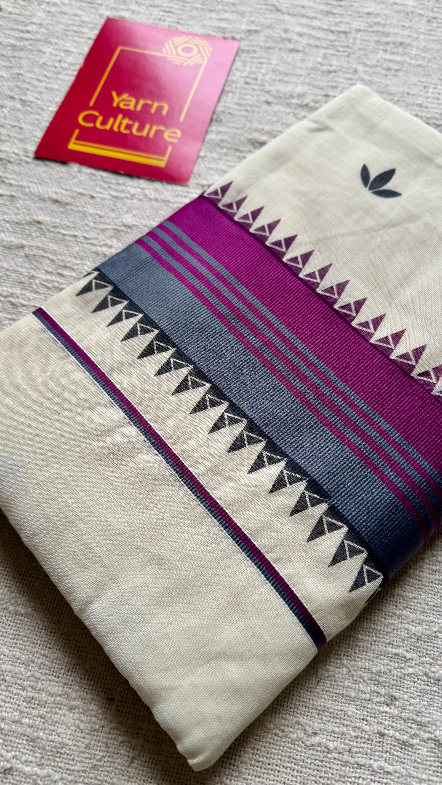 Ivory with purple border, floral pattern kerala cotton - YCON25KCP79