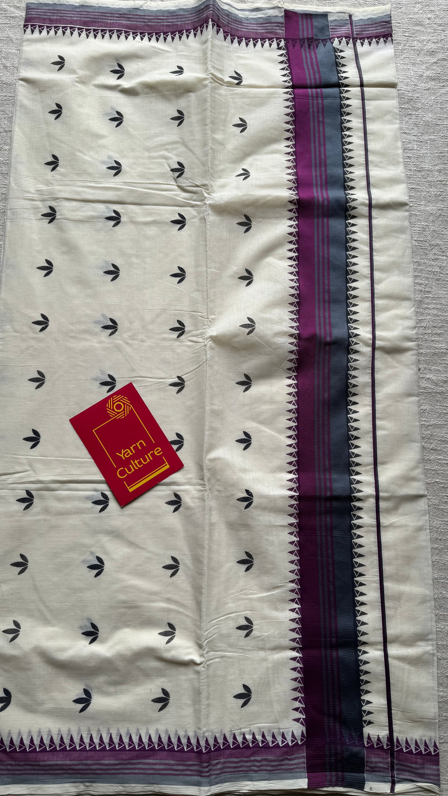 Ivory with purple border, floral pattern kerala cotton - YCON25KCP79