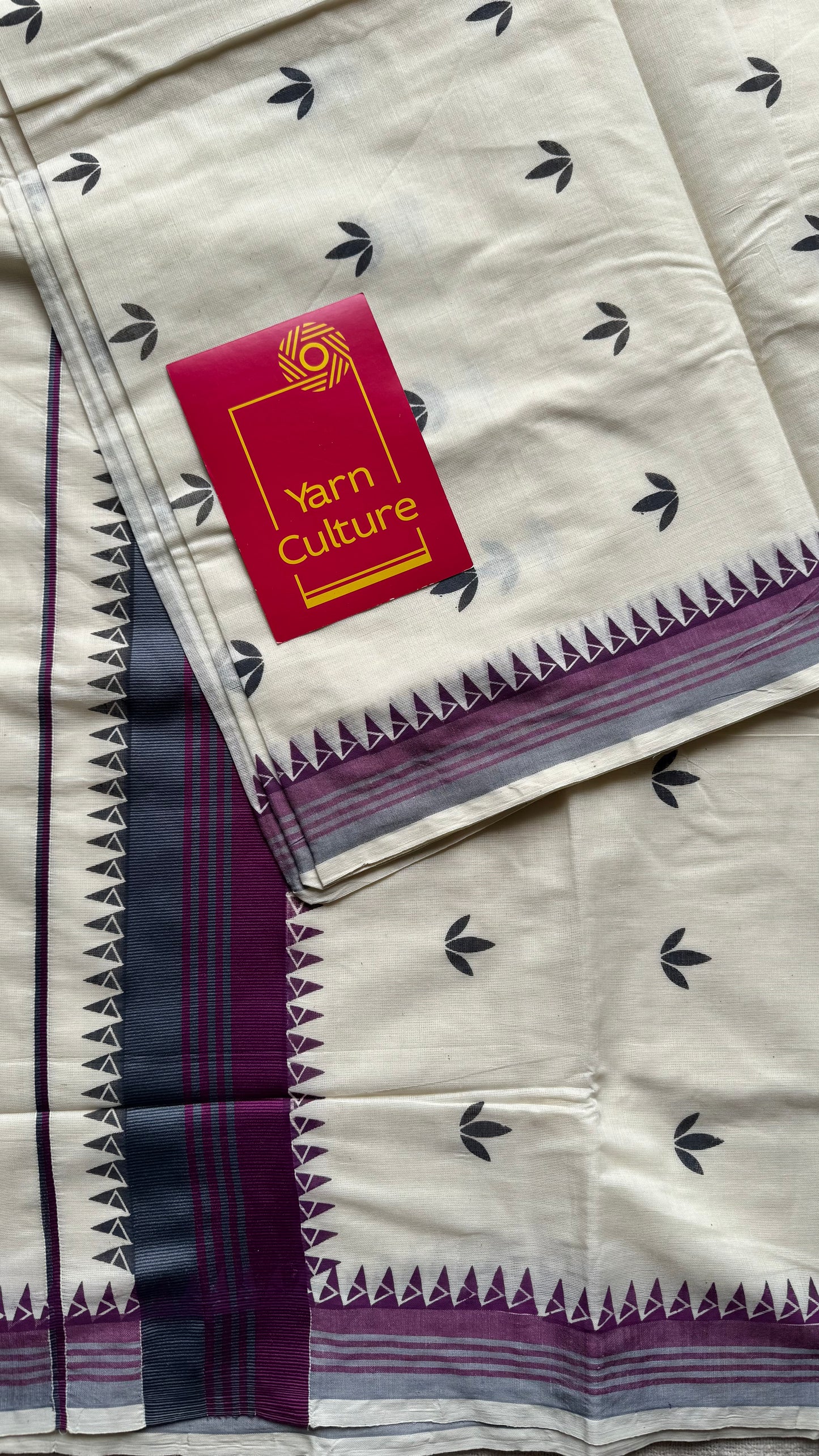 Ivory with purple border, floral pattern kerala cotton - YCON25KCP79