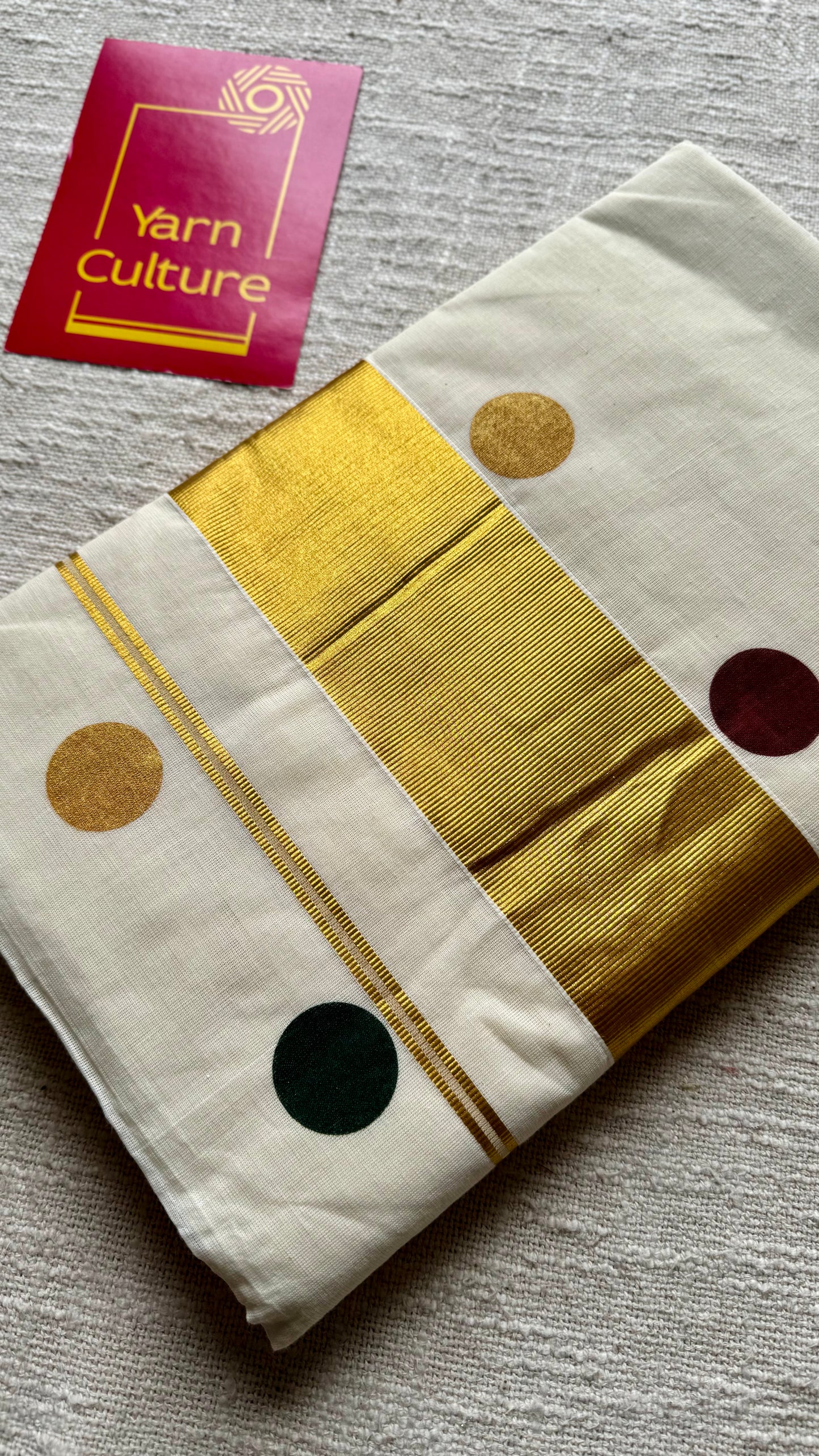 Ivory and gold with polka coloured buttas, kerala cotton - YCON25KCPD249