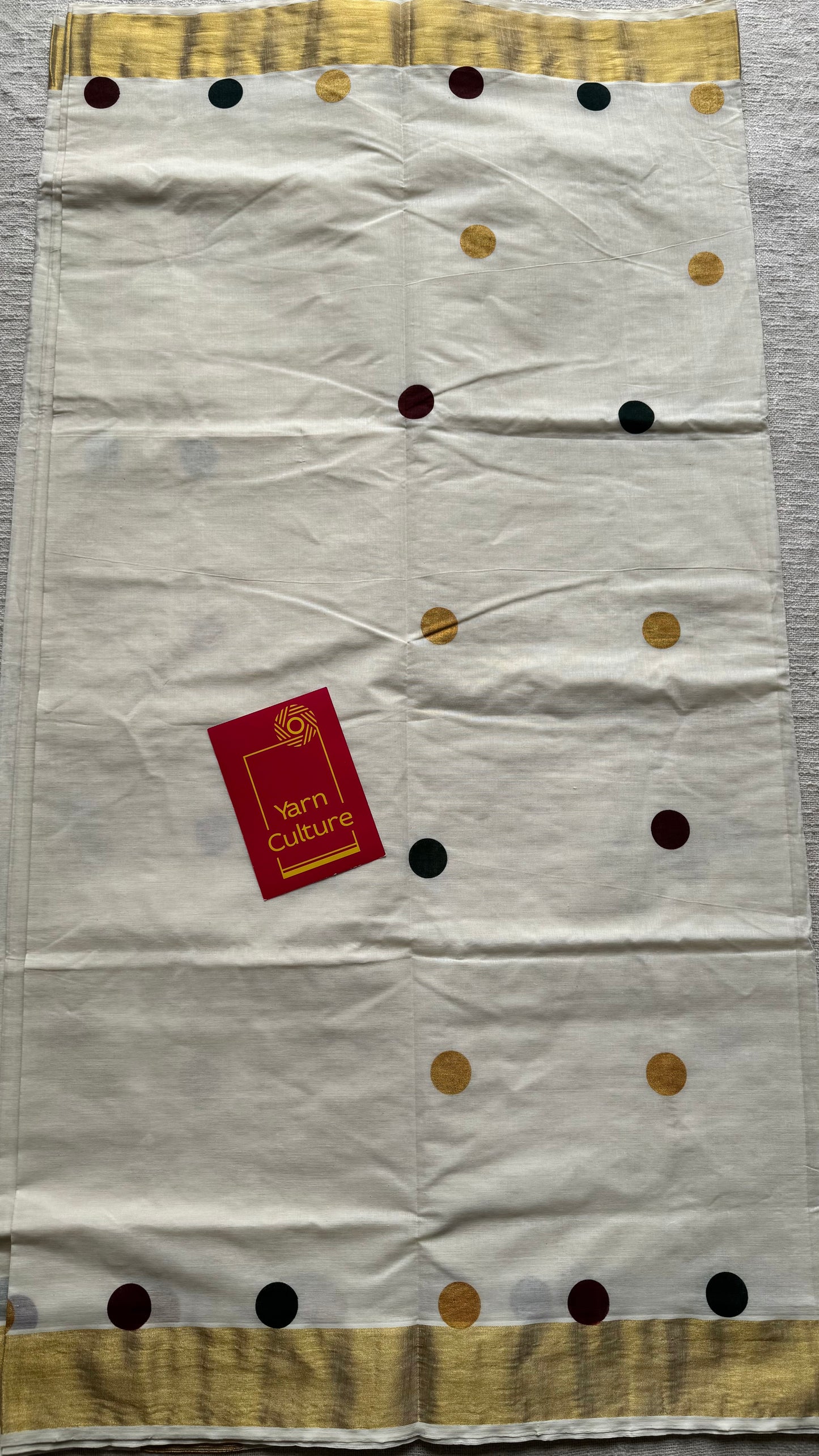 Ivory and gold with polka coloured buttas, kerala cotton - YCON25KCPD249