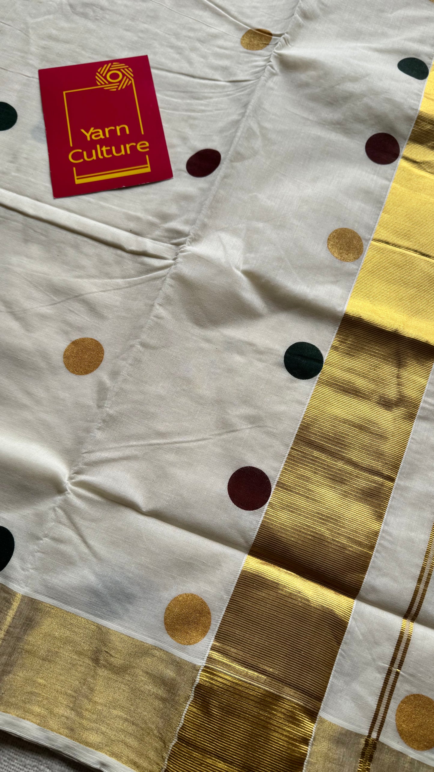 Ivory and gold with polka coloured buttas, kerala cotton - YCON25KCPD249