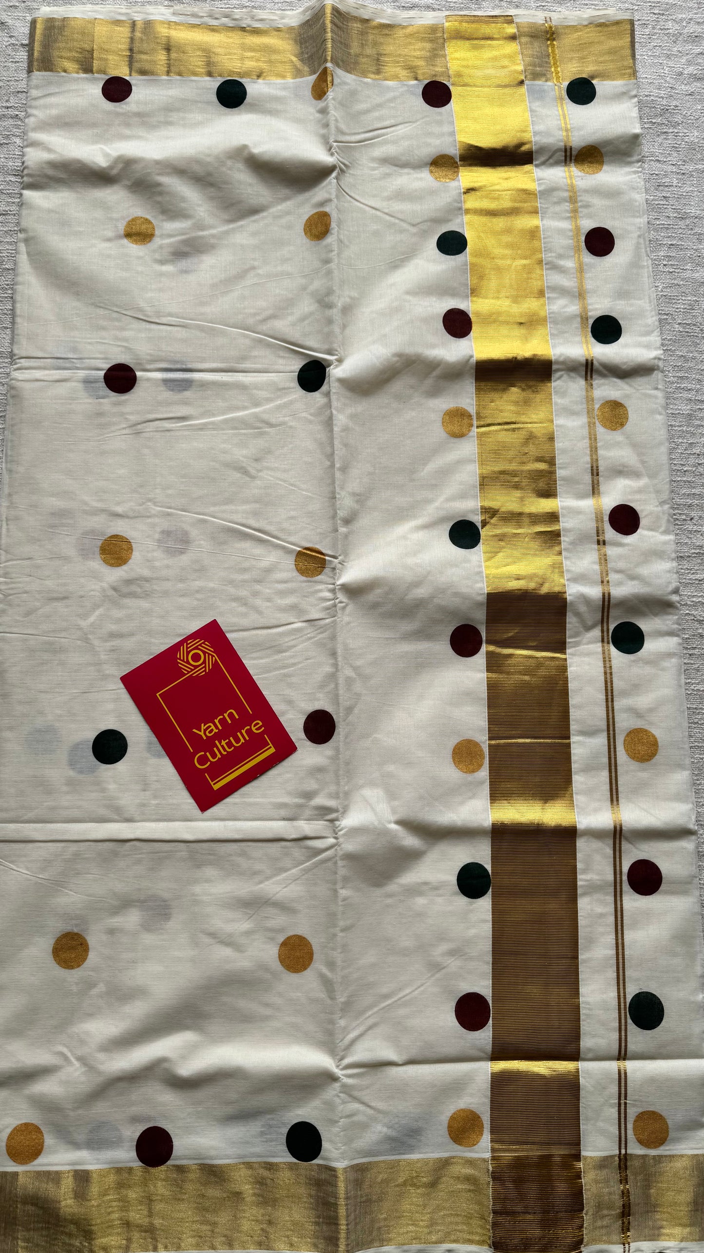 Ivory and gold with polka coloured buttas, kerala cotton - YCON25KCPD249