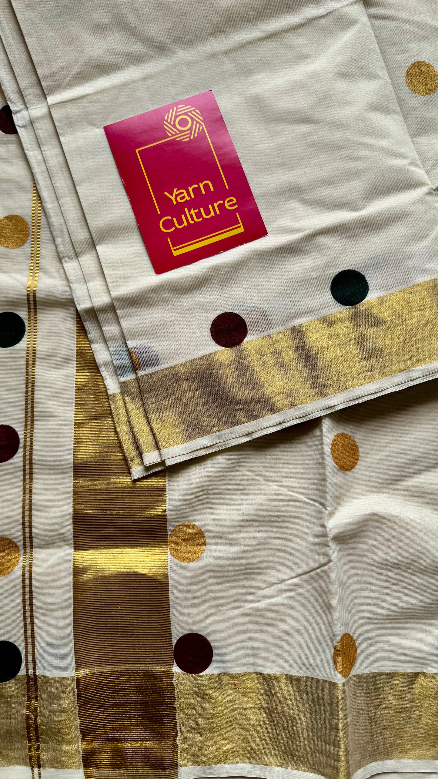 Ivory and gold with polka coloured buttas, kerala cotton - YCON25KCPD249