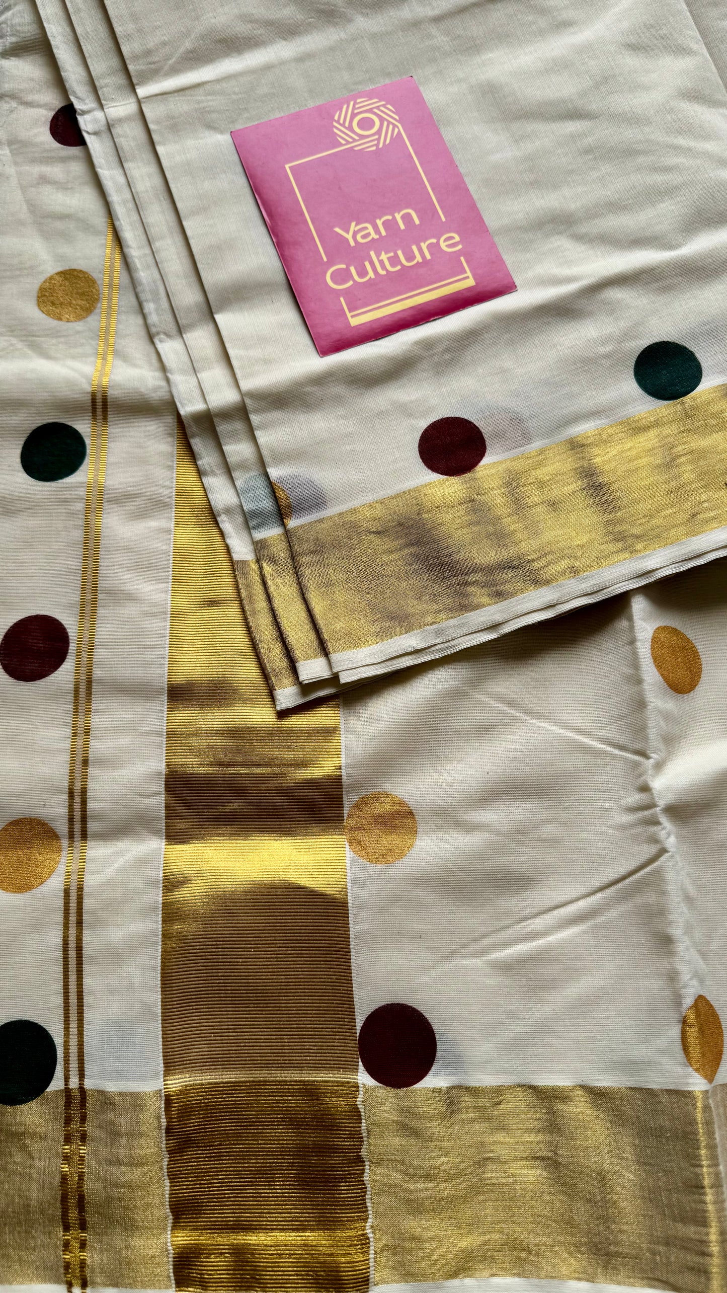 Ivory and gold with polka coloured buttas, kerala cotton - YCON25KCPD249