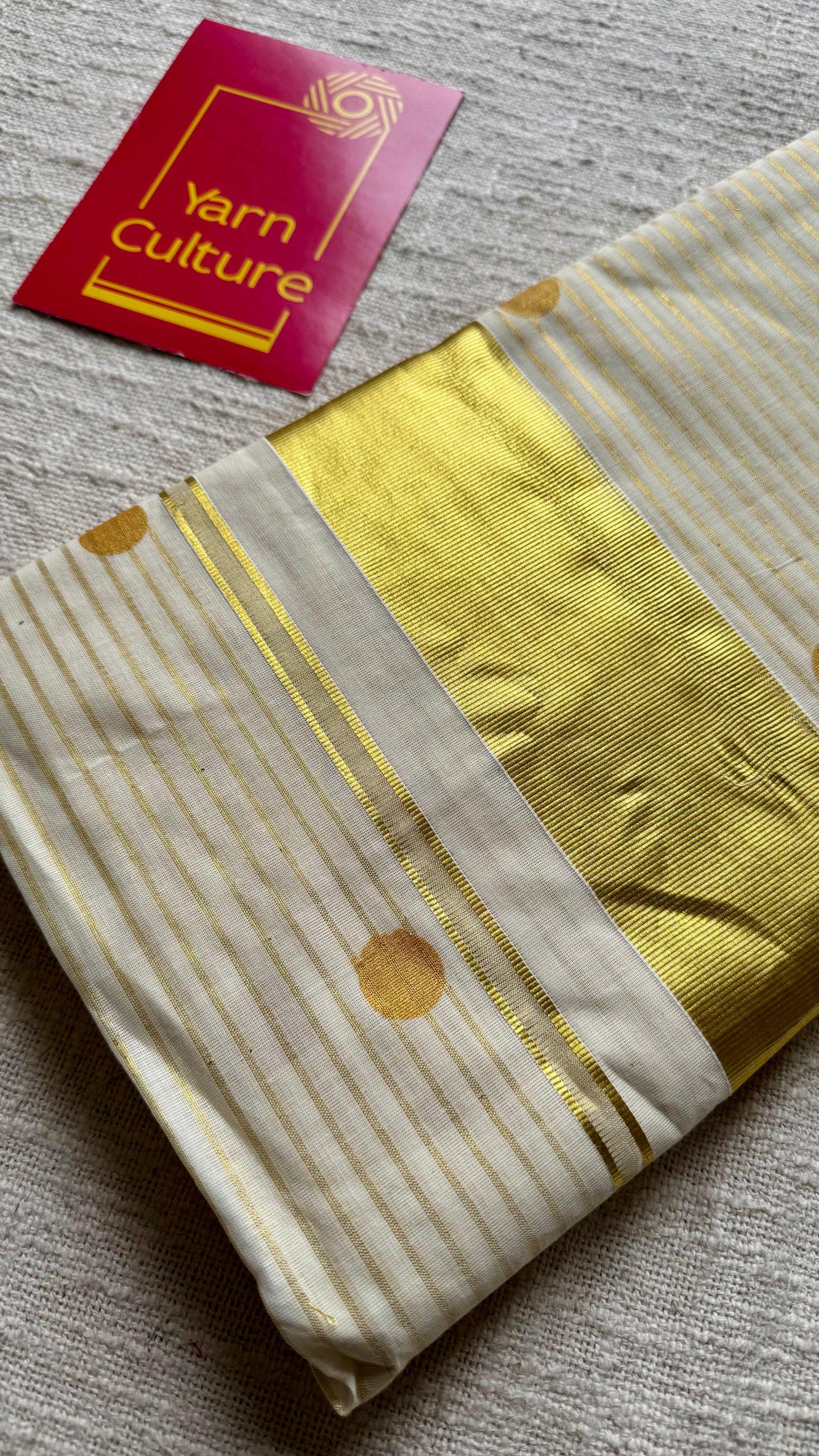 Ivory and gold with polka buttas, striped zari, kerala cotton - YCON25KCSPD77