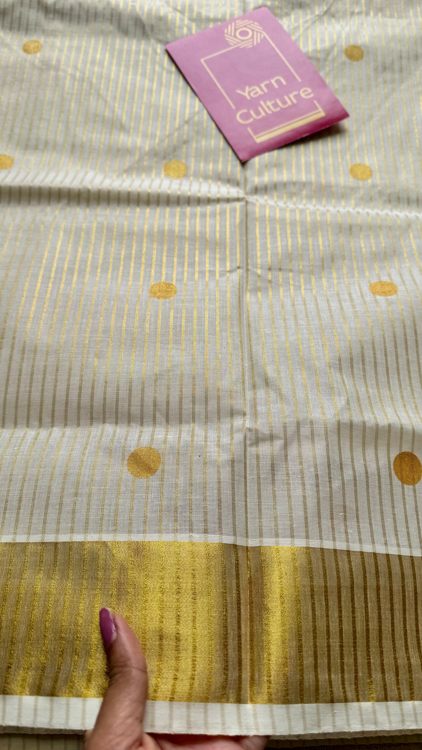 Ivory and gold with polka buttas, striped zari, kerala cotton - YCON25KCSPD77