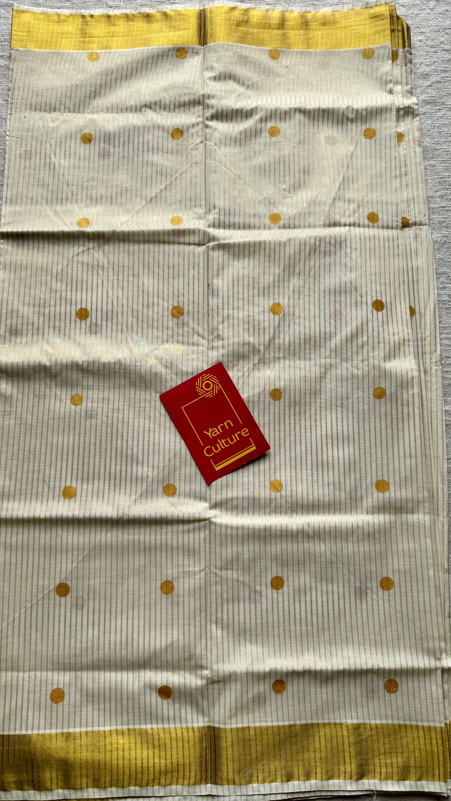 Ivory and gold with polka buttas, striped zari, kerala cotton - YCON25KCSPD77