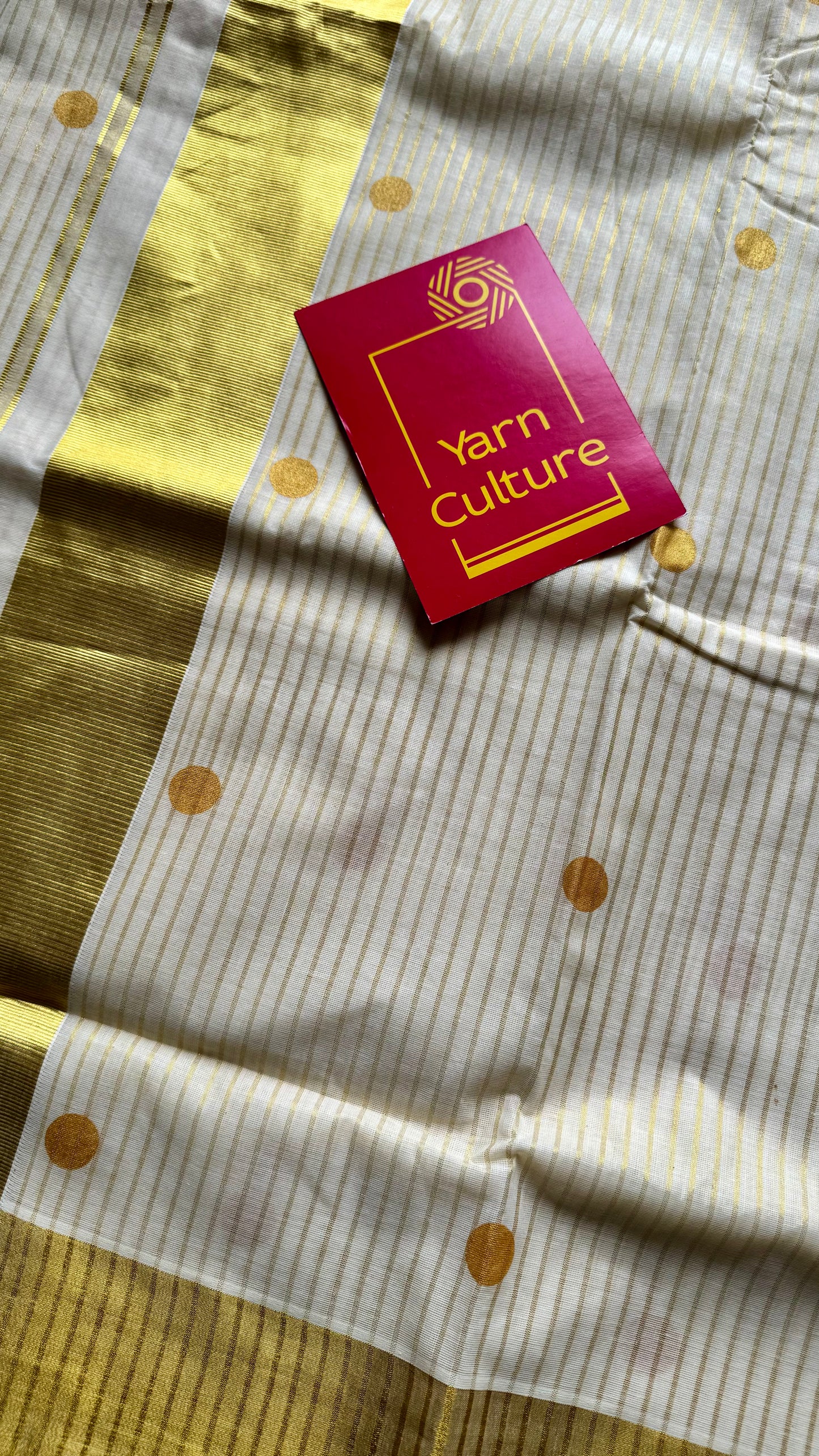 Ivory and gold with polka buttas, striped zari, kerala cotton - YCON25KCSPD77