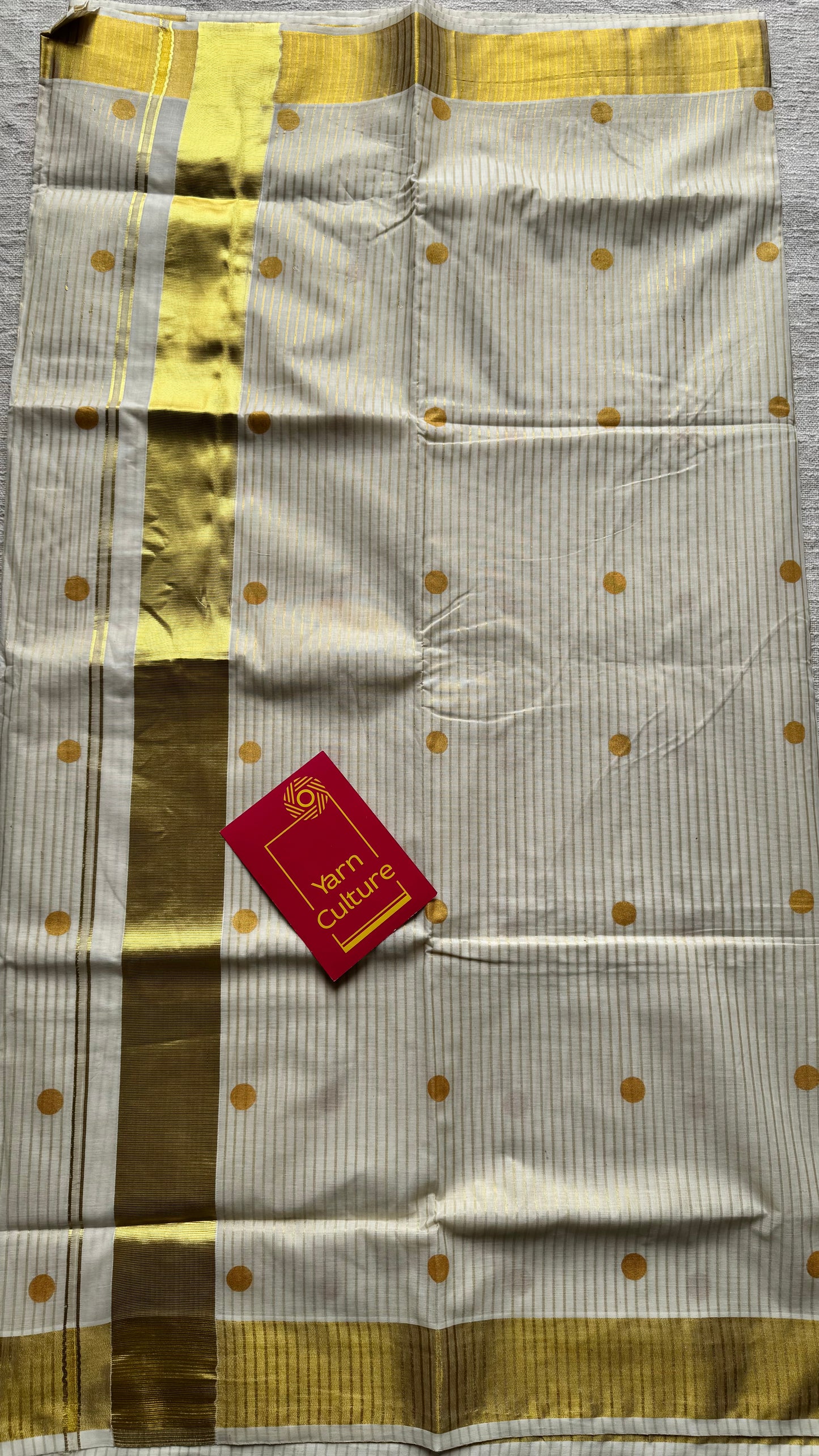 Ivory and gold with polka buttas, striped zari, kerala cotton - YCON25KCSPD77