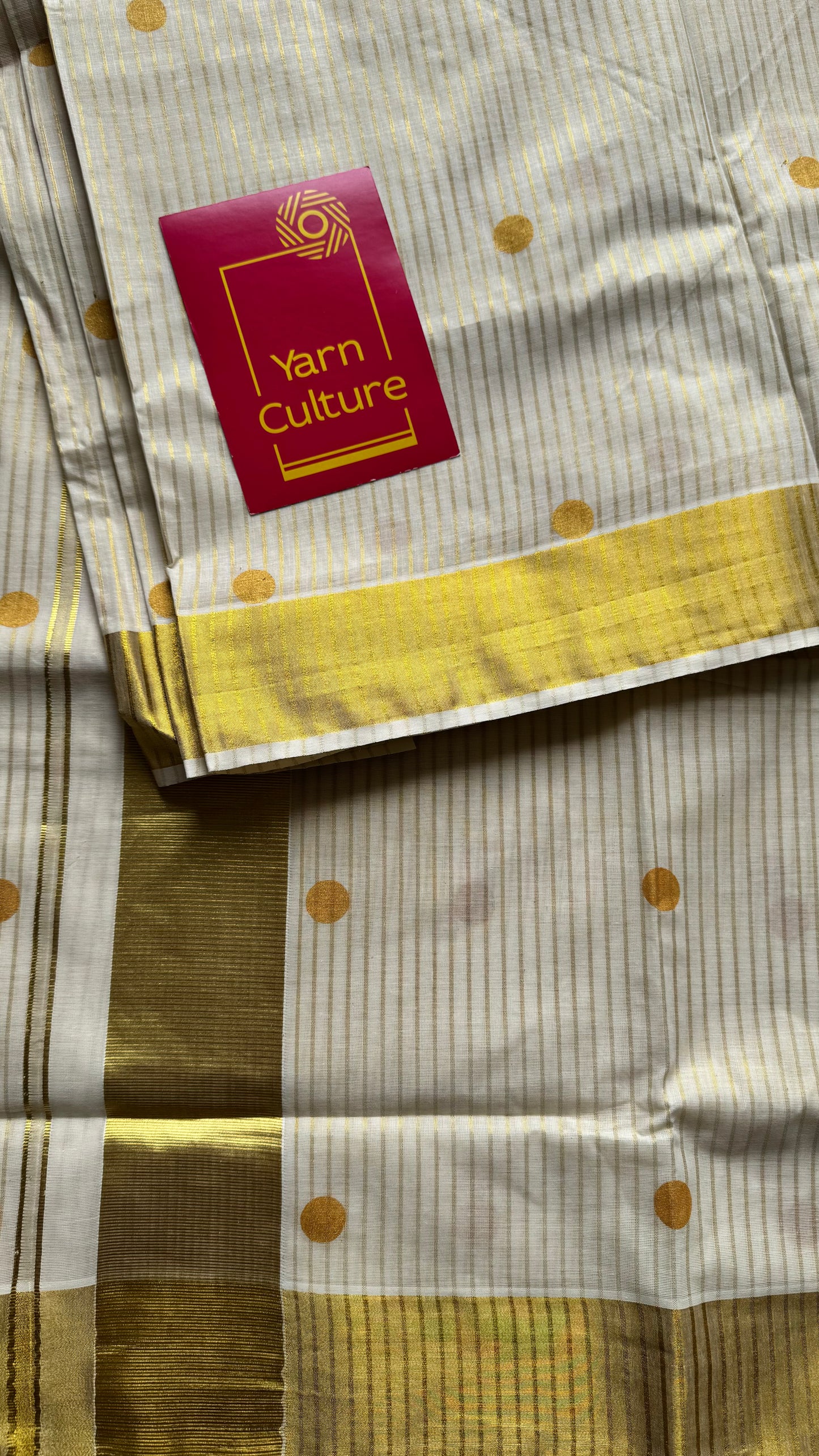 Ivory and gold with polka buttas, striped zari, kerala cotton - YCON25KCSPD77