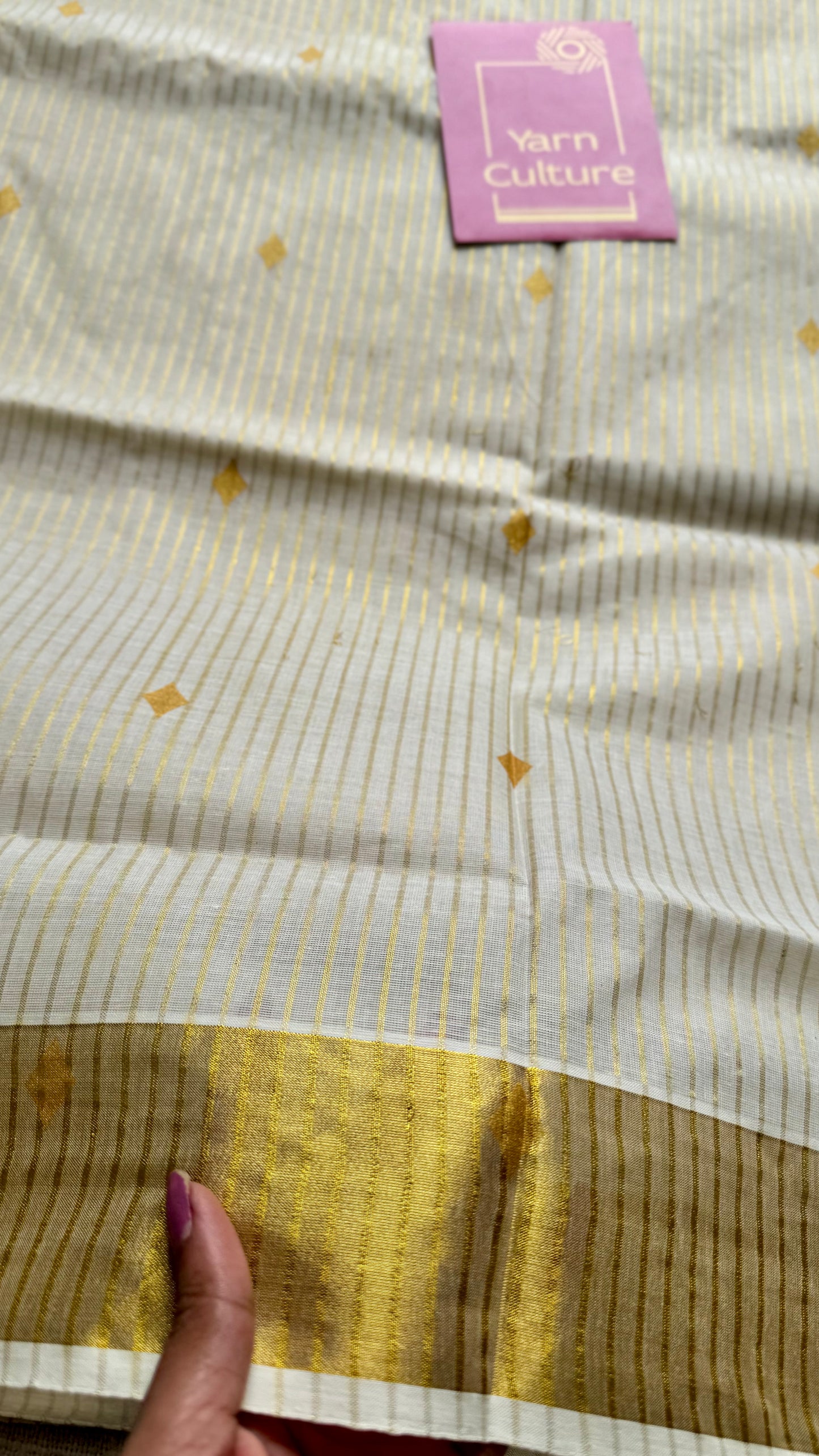 Ivory and gold with buttas, striped zari, kerala tissue cotton - YCON25KCS76