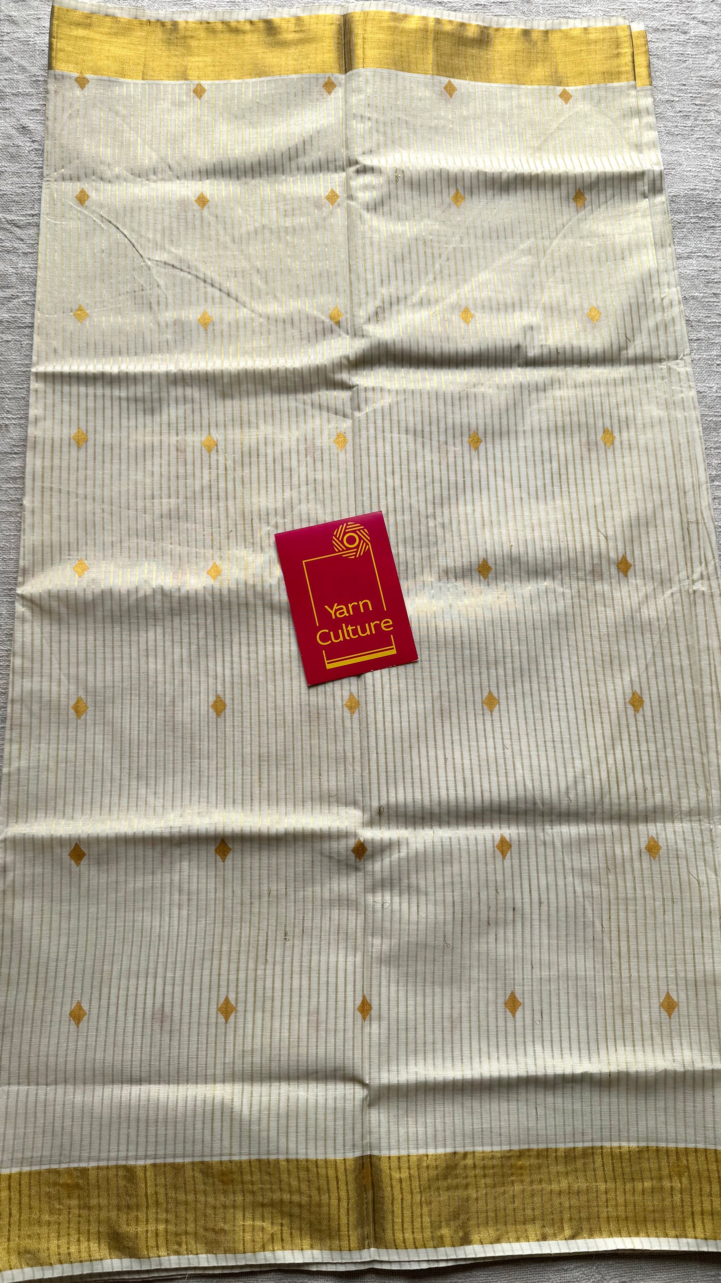 Ivory and gold with buttas, striped zari, kerala tissue cotton - YCON25KCS76