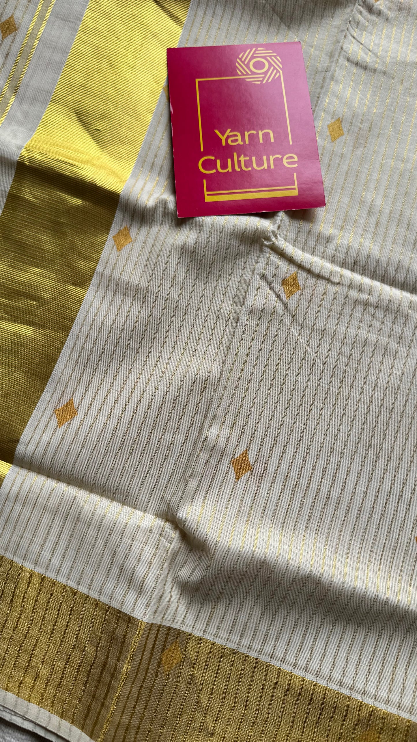 Ivory and gold with buttas, striped zari, kerala tissue cotton - YCON25KCS76