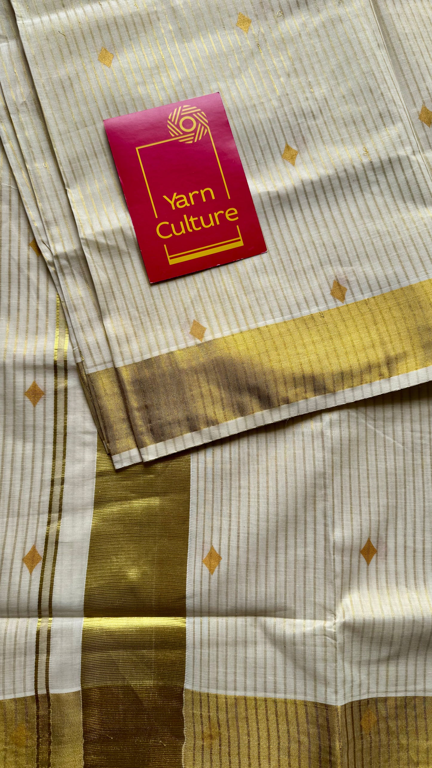 Ivory and gold with buttas, striped zari, kerala tissue cotton - YCON25KCS76