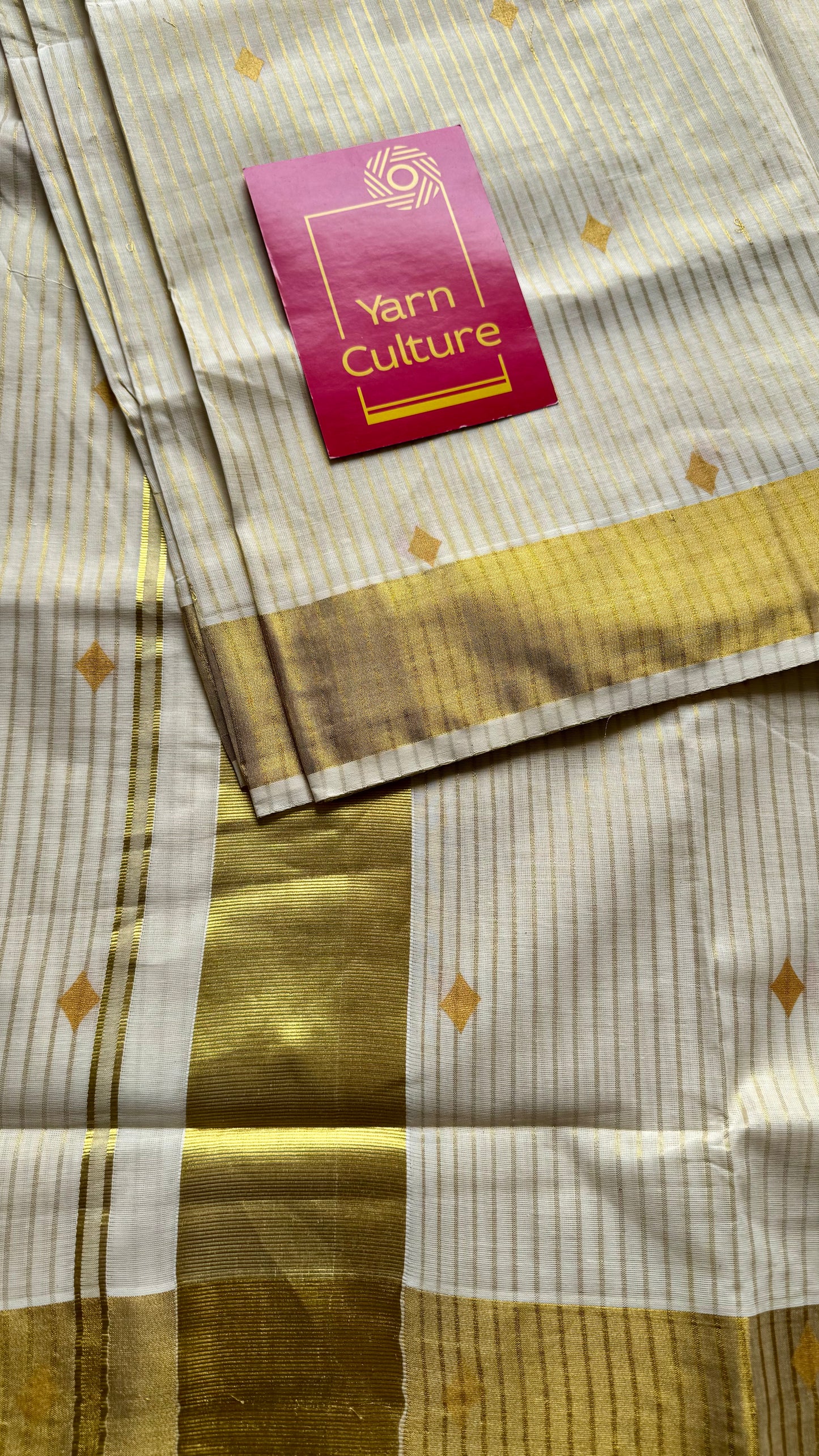 Ivory and gold with buttas, striped zari, kerala tissue cotton - YCON25KCS76