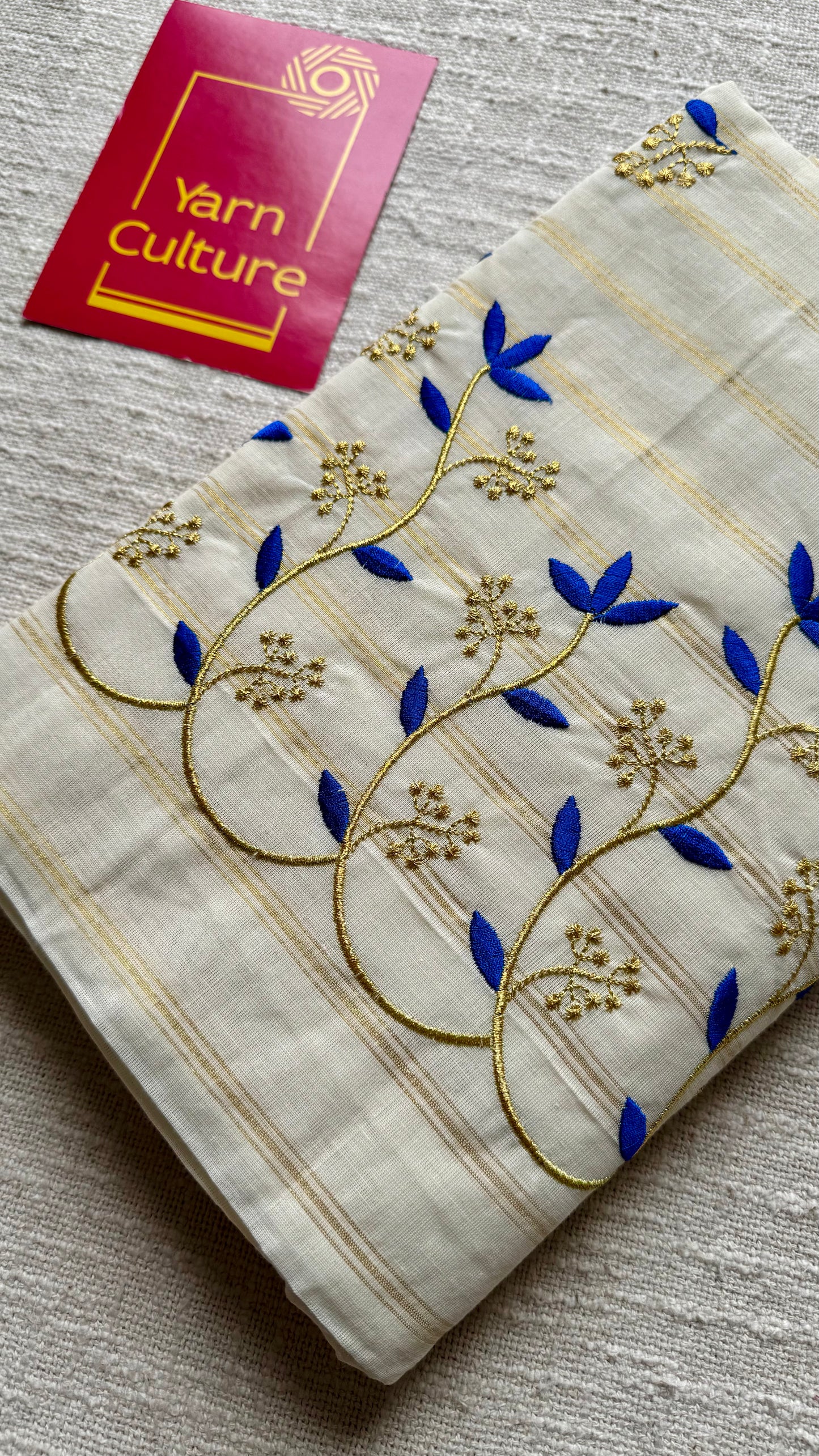 Ivory and gold with blue small flower embroidery, striped zari, kerala cotton - YCON25KCSFE75