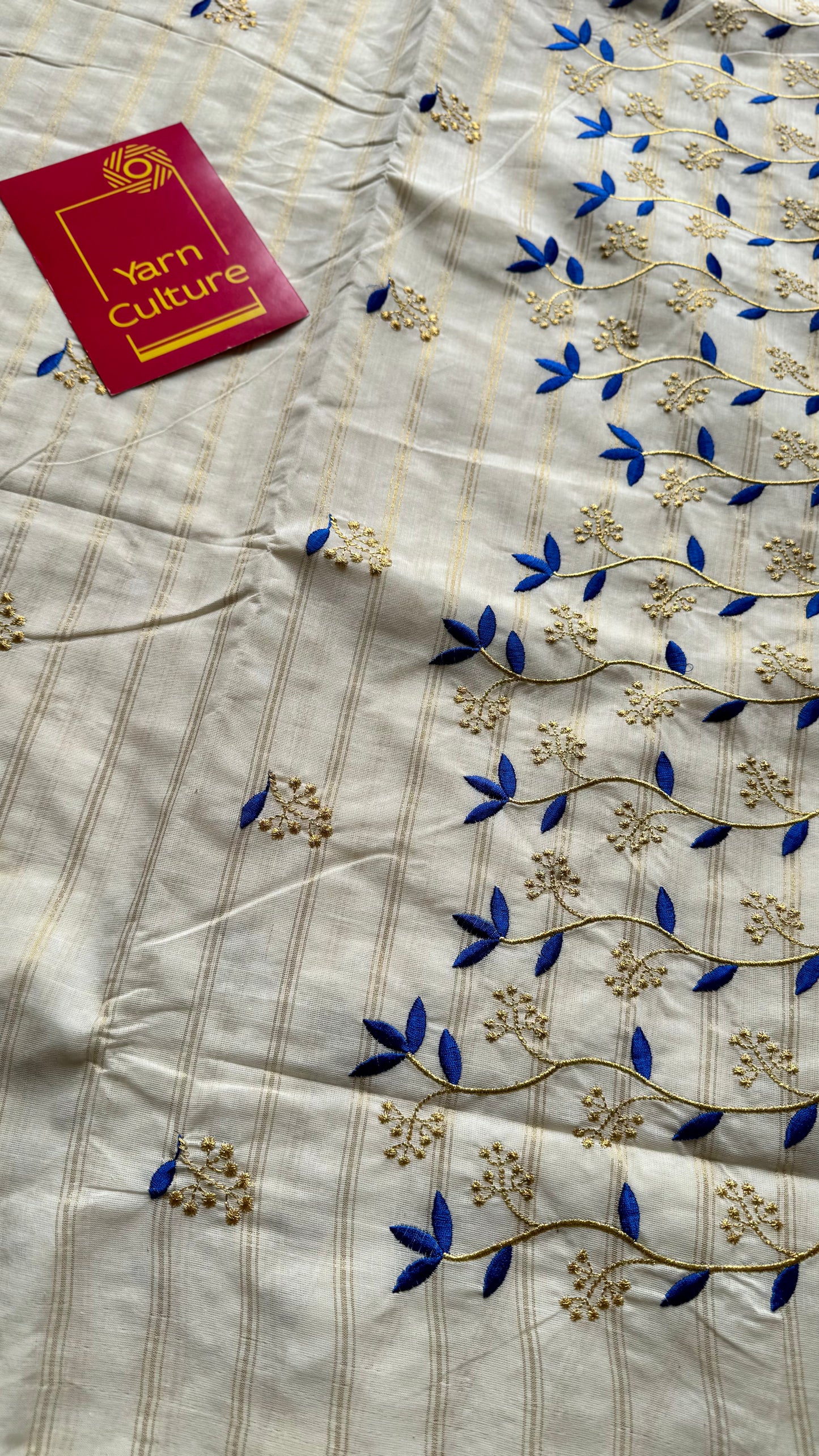Ivory and gold with blue small flower embroidery, striped zari, kerala cotton - YCON25KCSFE75