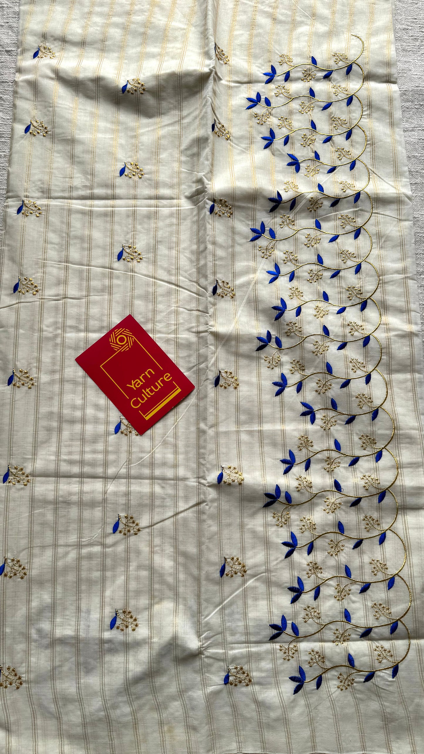 Ivory and gold with blue small flower embroidery, striped zari, kerala cotton - YCON25KCSFE75