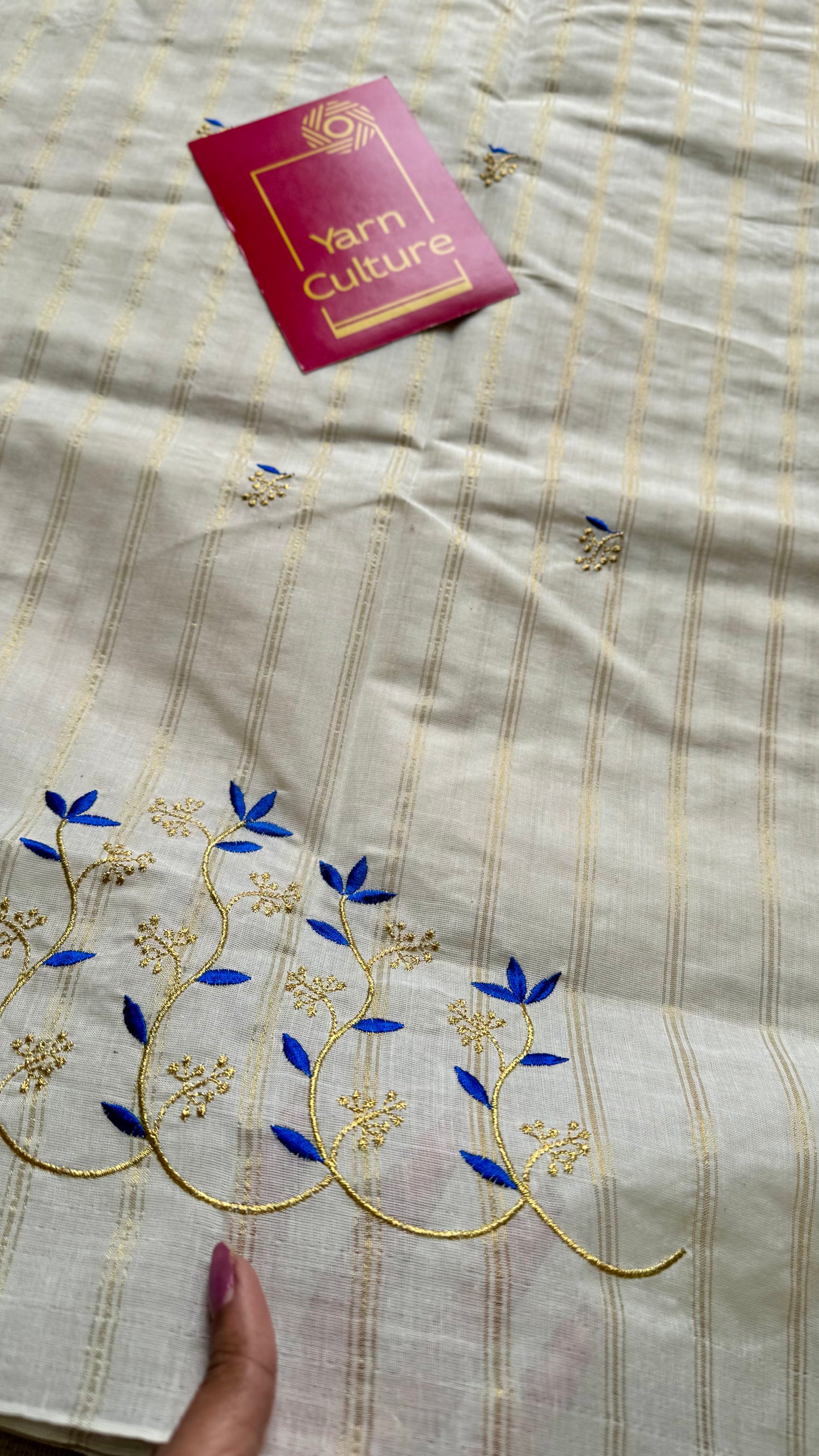 Ivory and gold with blue small flower embroidery, striped zari, kerala cotton - YCON25KCSFE75