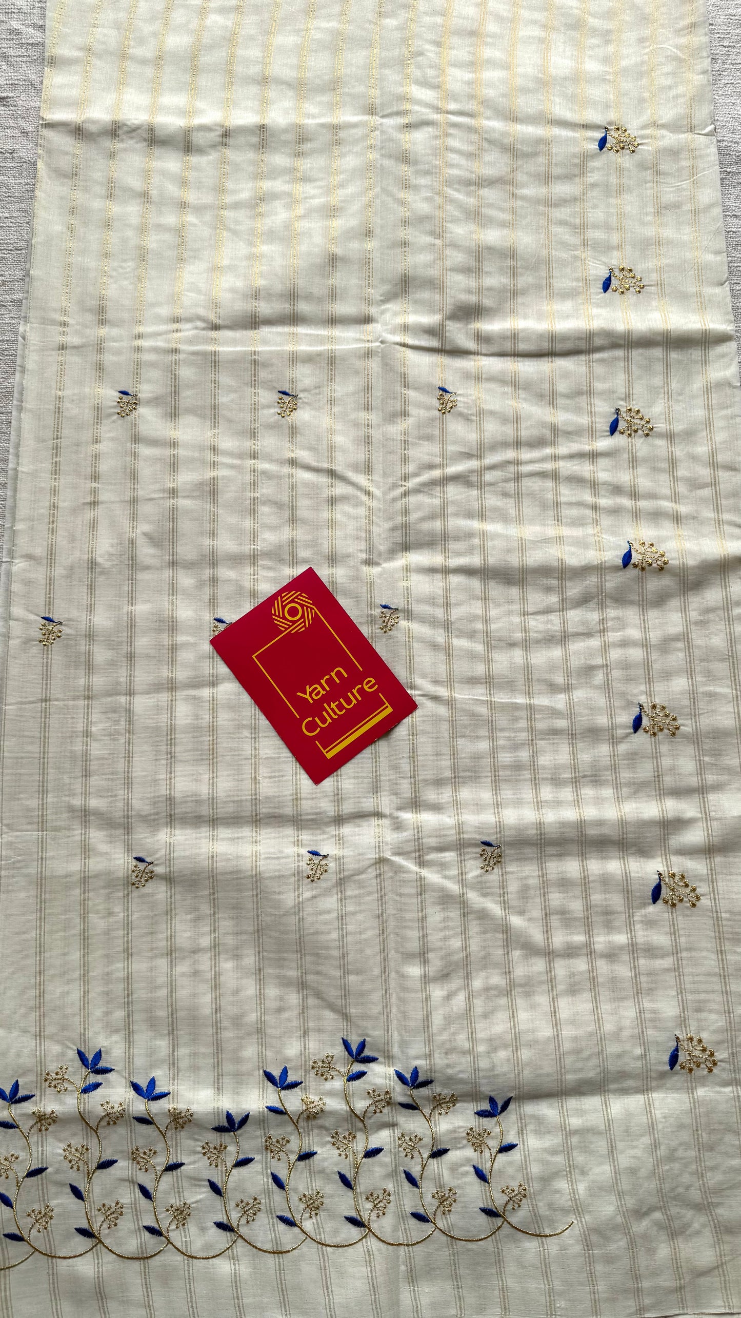 Ivory and gold with blue small flower embroidery, striped zari, kerala cotton - YCON25KCSFE75