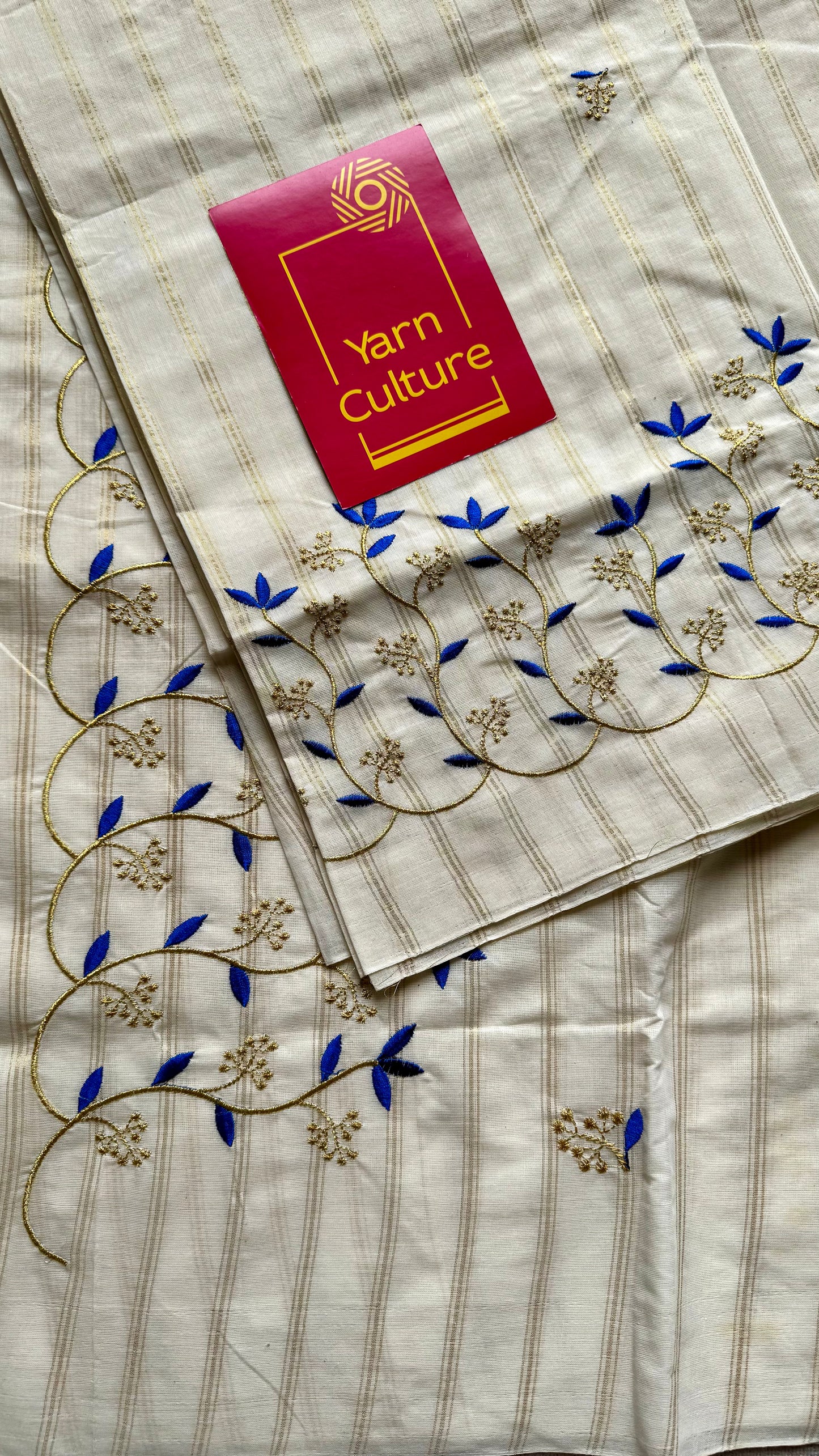 Ivory and gold with blue small flower embroidery, striped zari, kerala cotton - YCON25KCSFE75