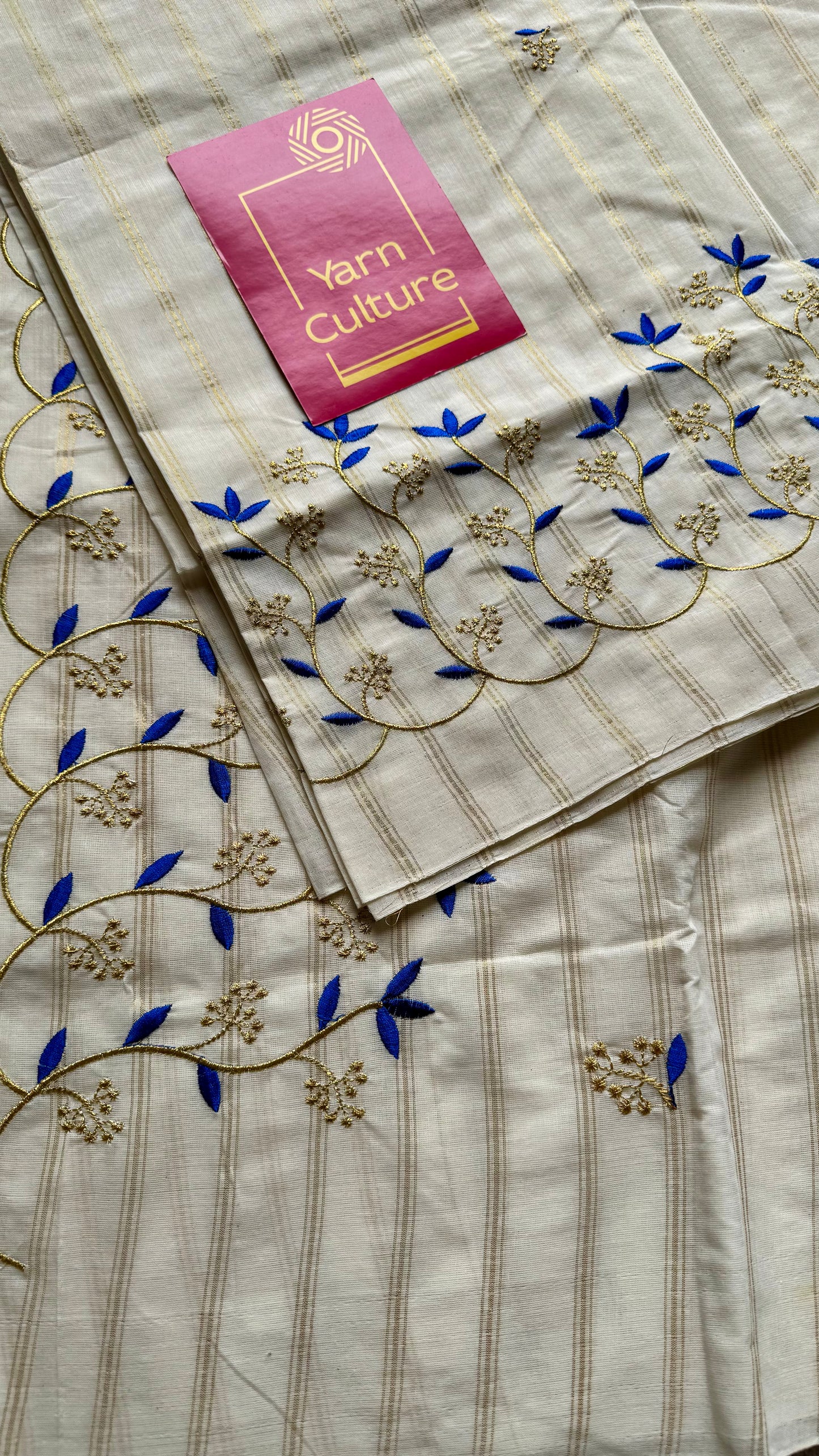 Ivory and gold with blue small flower embroidery, striped zari, kerala cotton - YCON25KCSFE75