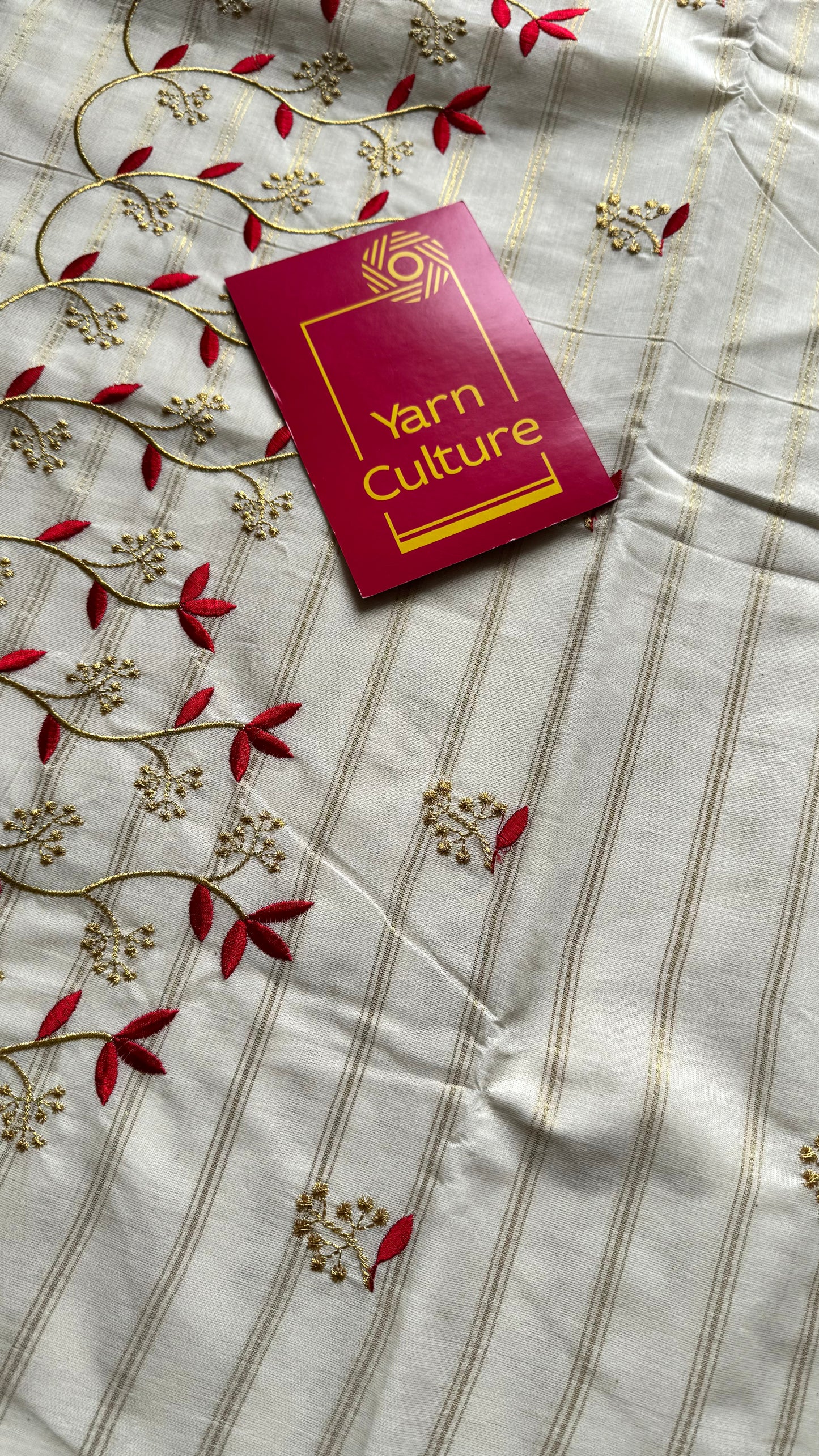 Ivory and gold with red small flower embroidery, striped zari, kerala cotton - YCON25KCSFE74
