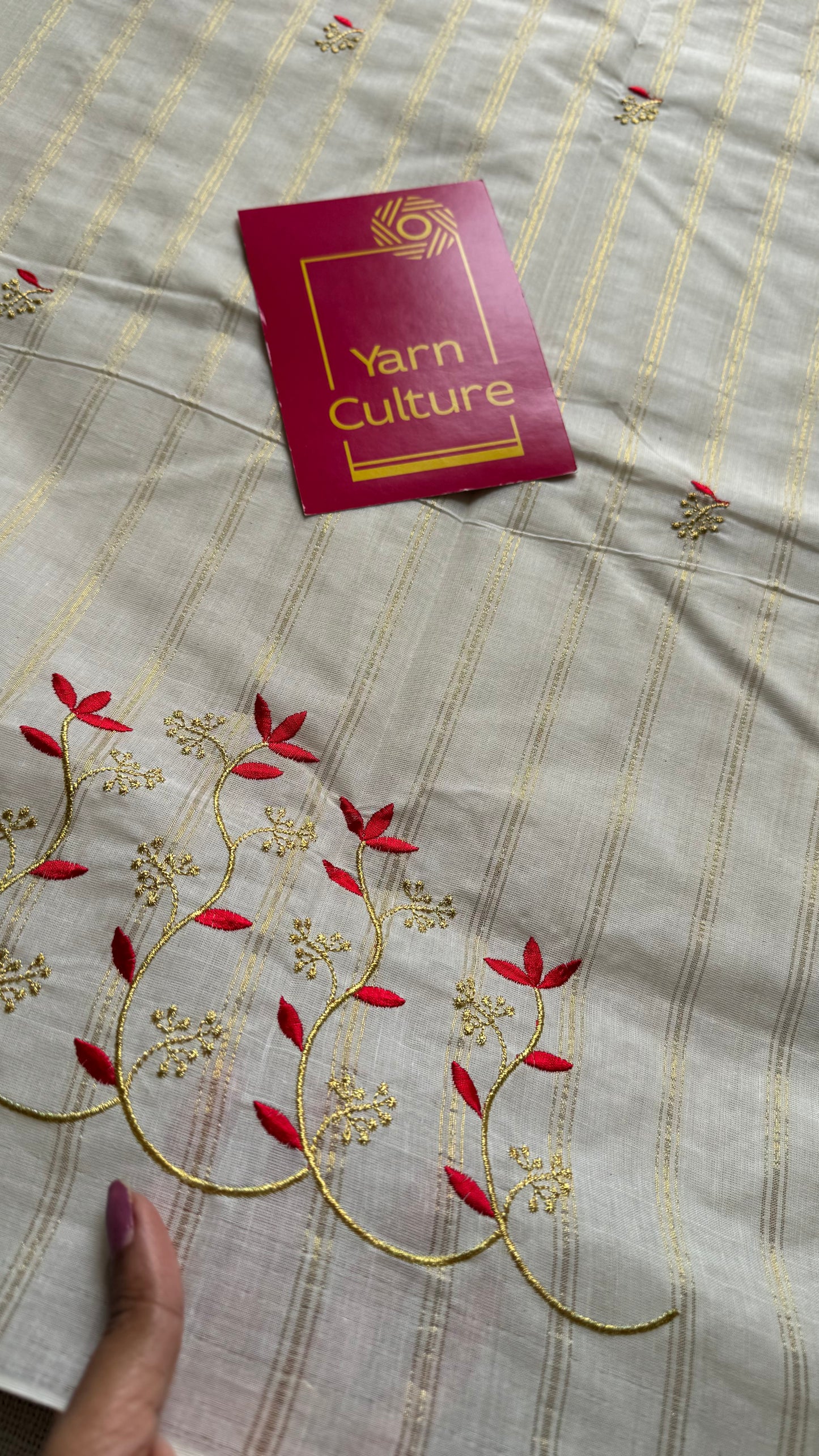 Ivory and gold with red small flower embroidery, striped zari, kerala cotton - YCON25KCSFE74
