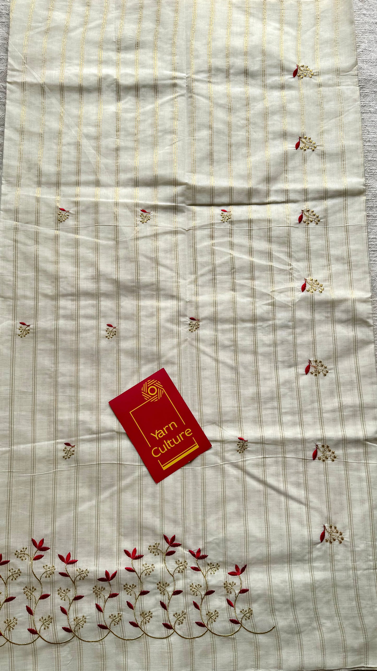 Ivory and gold with red small flower embroidery, striped zari, kerala cotton - YCON25KCSFE74