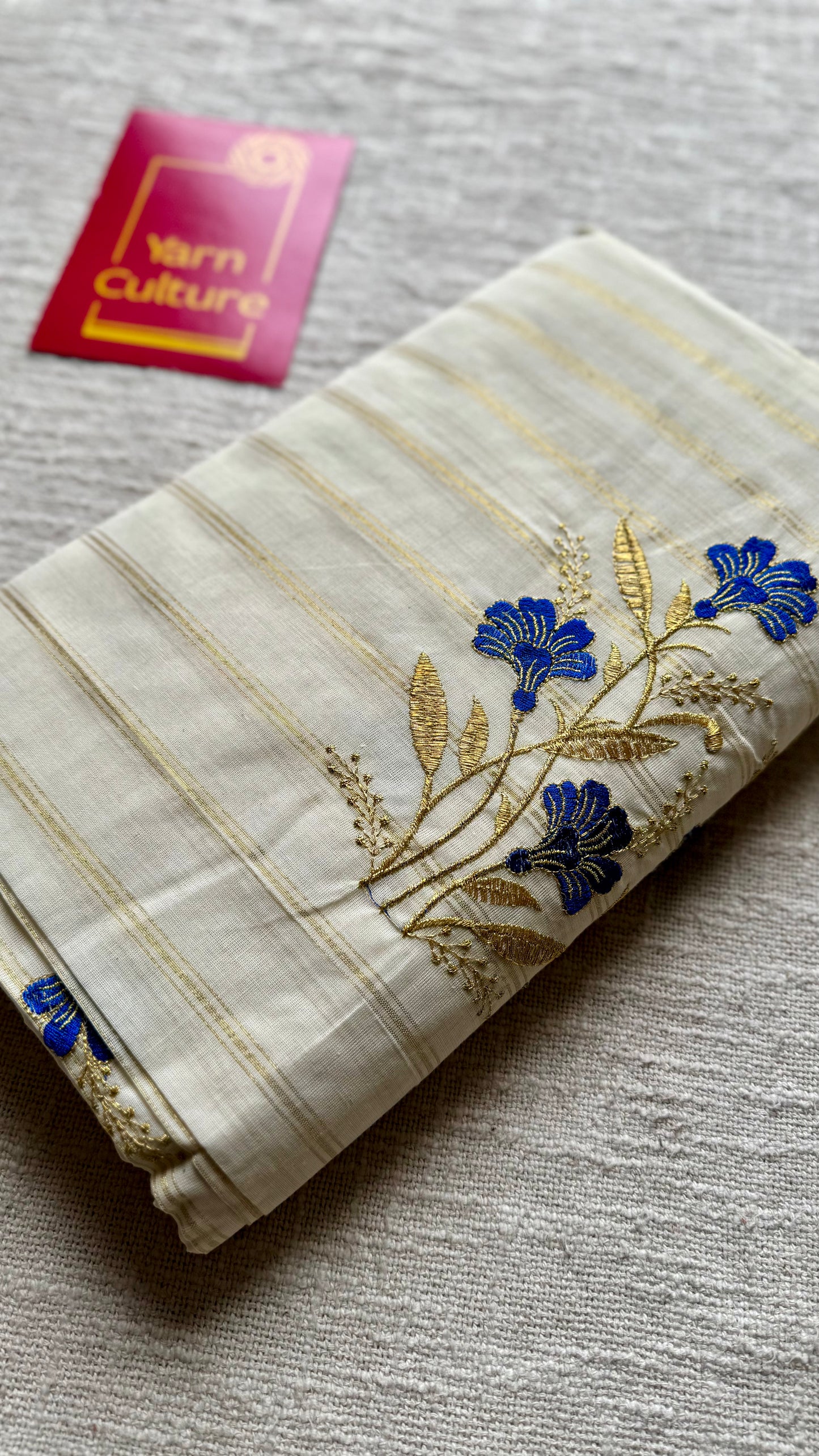 Ivory and gold with blue flower embroidery, striped zari, kerala cotton - YCON25KCSFE73