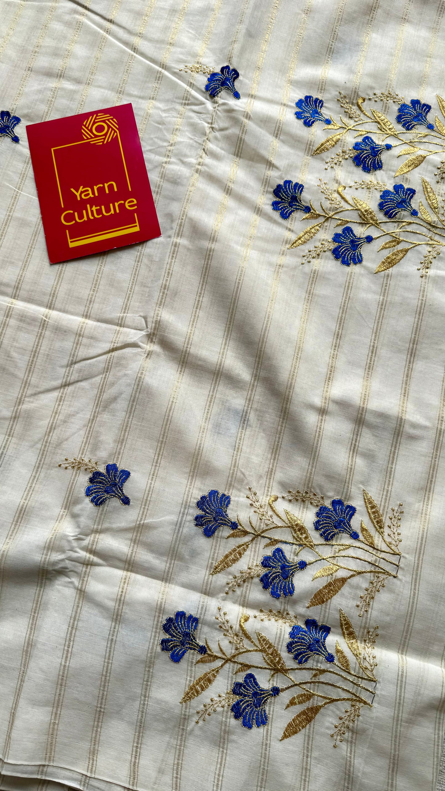 Ivory and gold with blue flower embroidery, striped zari, kerala cotton - YCON25KCSFE73