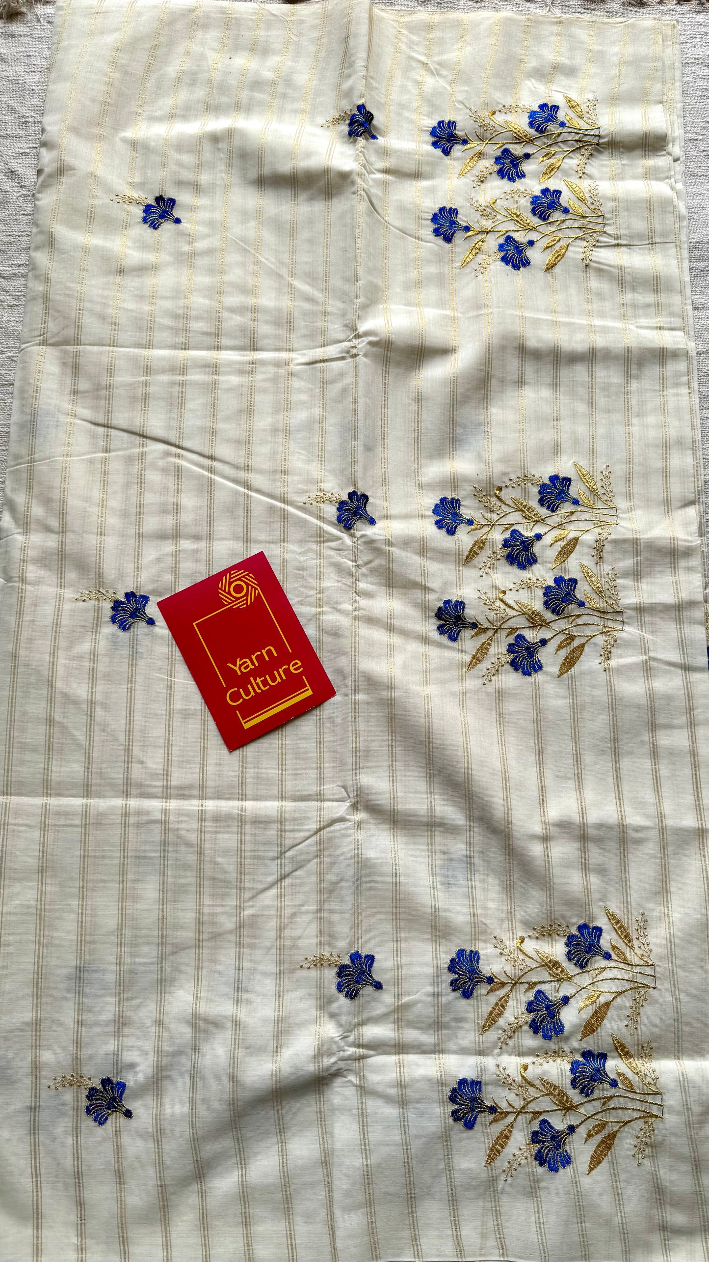Ivory and gold with blue flower embroidery, striped zari, kerala cotton - YCON25KCSFE73
