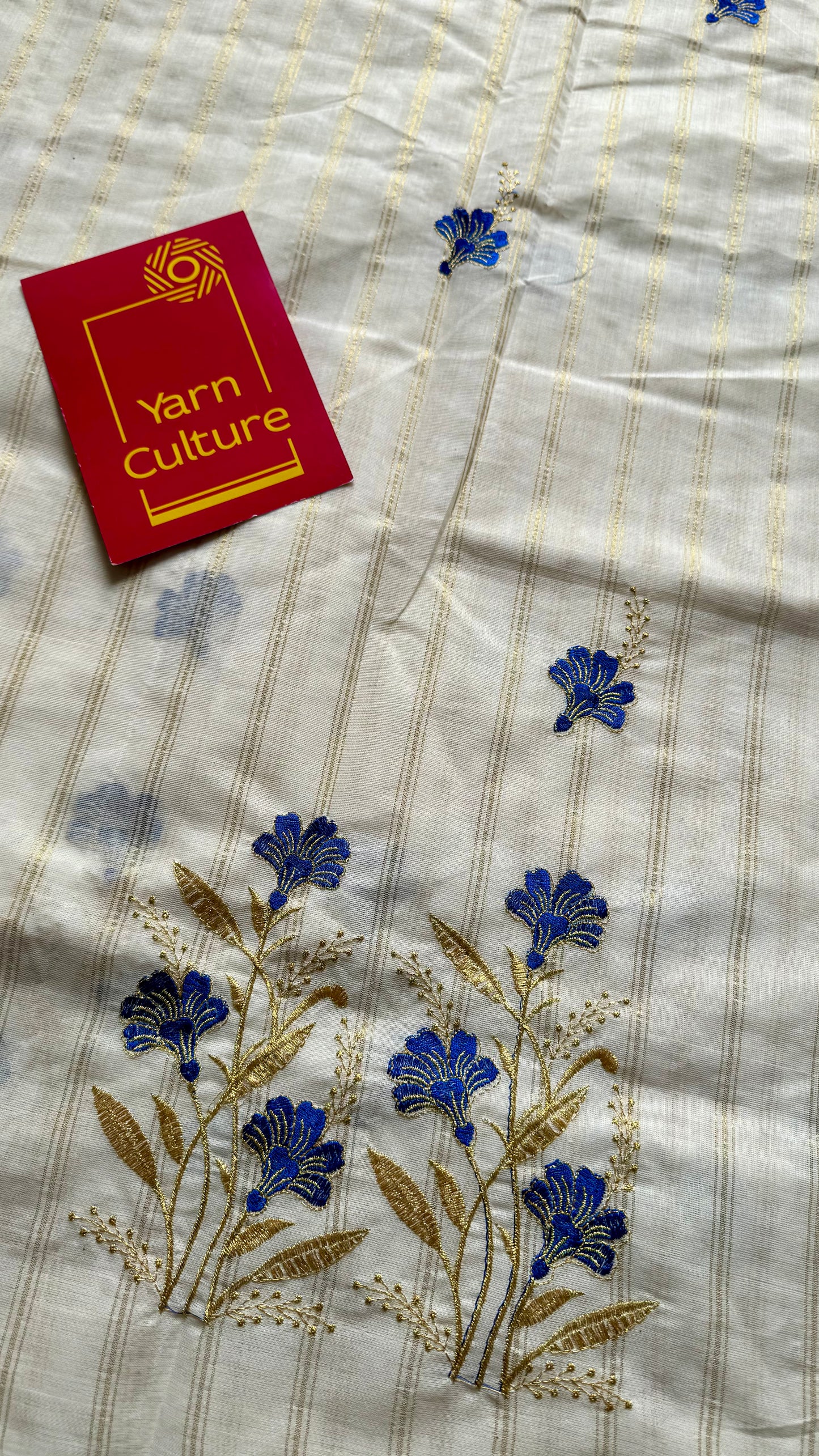 Ivory and gold with blue flower embroidery, striped zari, kerala cotton - YCON25KCSFE73
