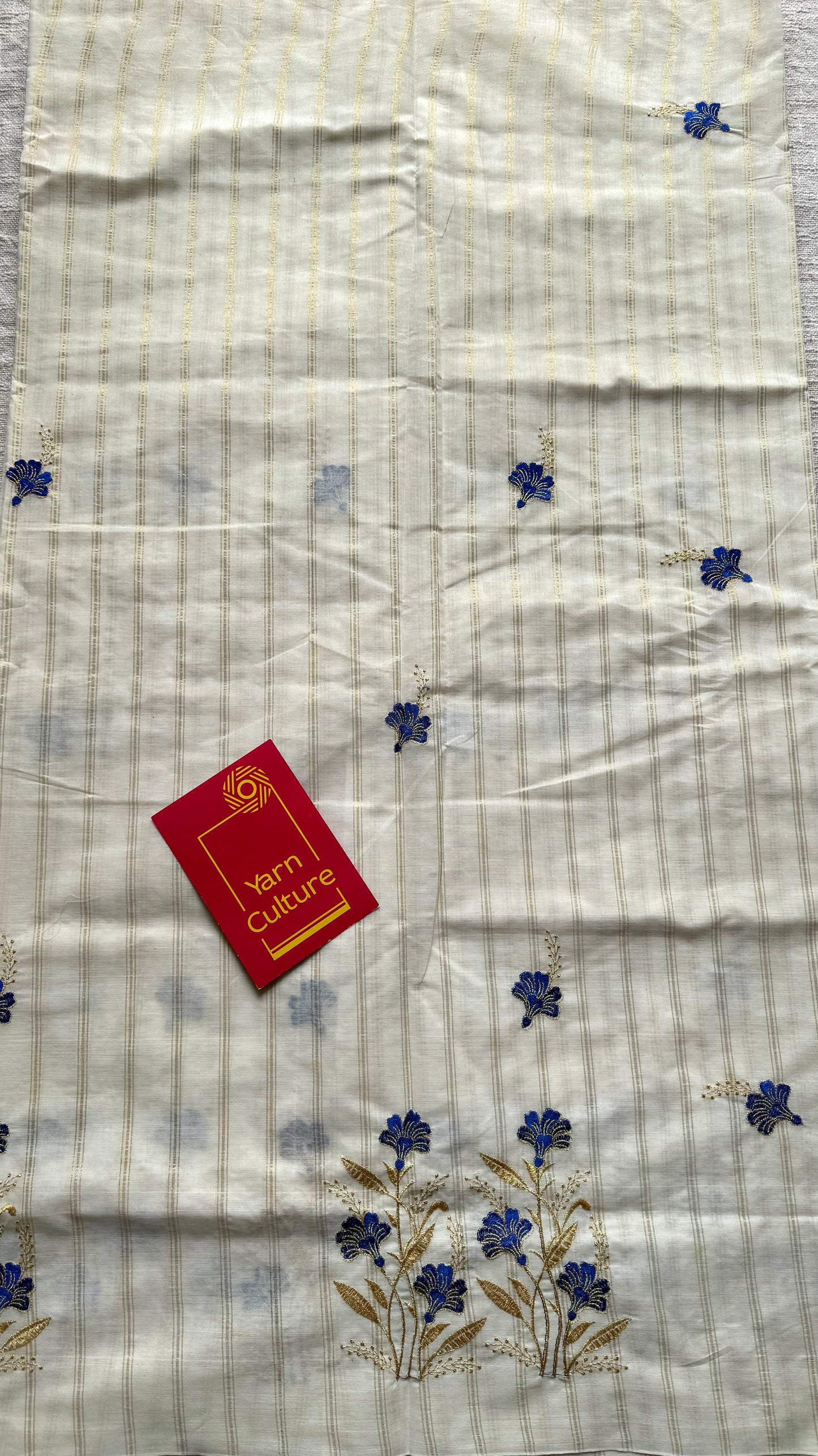 Ivory and gold with blue flower embroidery, striped zari, kerala cotton - YCON25KCSFE73