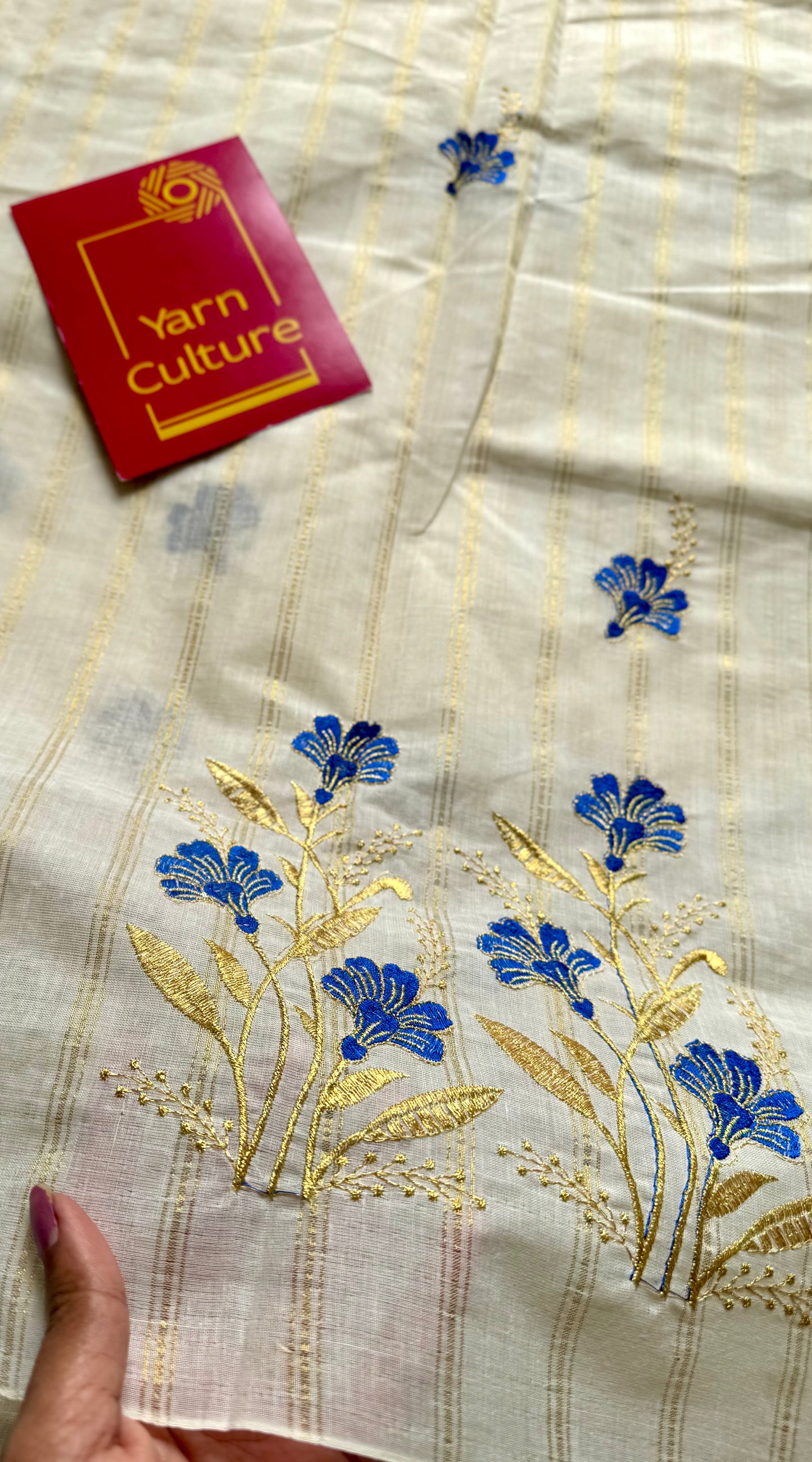 Ivory and gold with blue flower embroidery, striped zari, kerala cotton - YCON25KCSFE73
