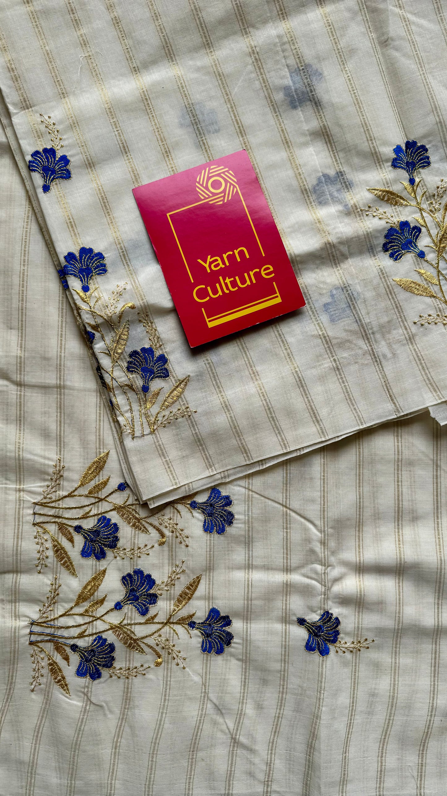 Ivory and gold with blue flower embroidery, striped zari, kerala cotton - YCON25KCSFE73