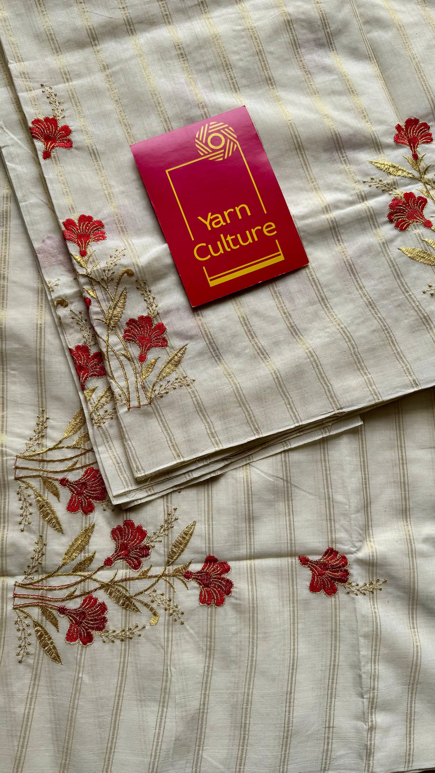 Ivory and gold with red flower embroidery, striped zari, kerala cotton - YCON25KCSFE262