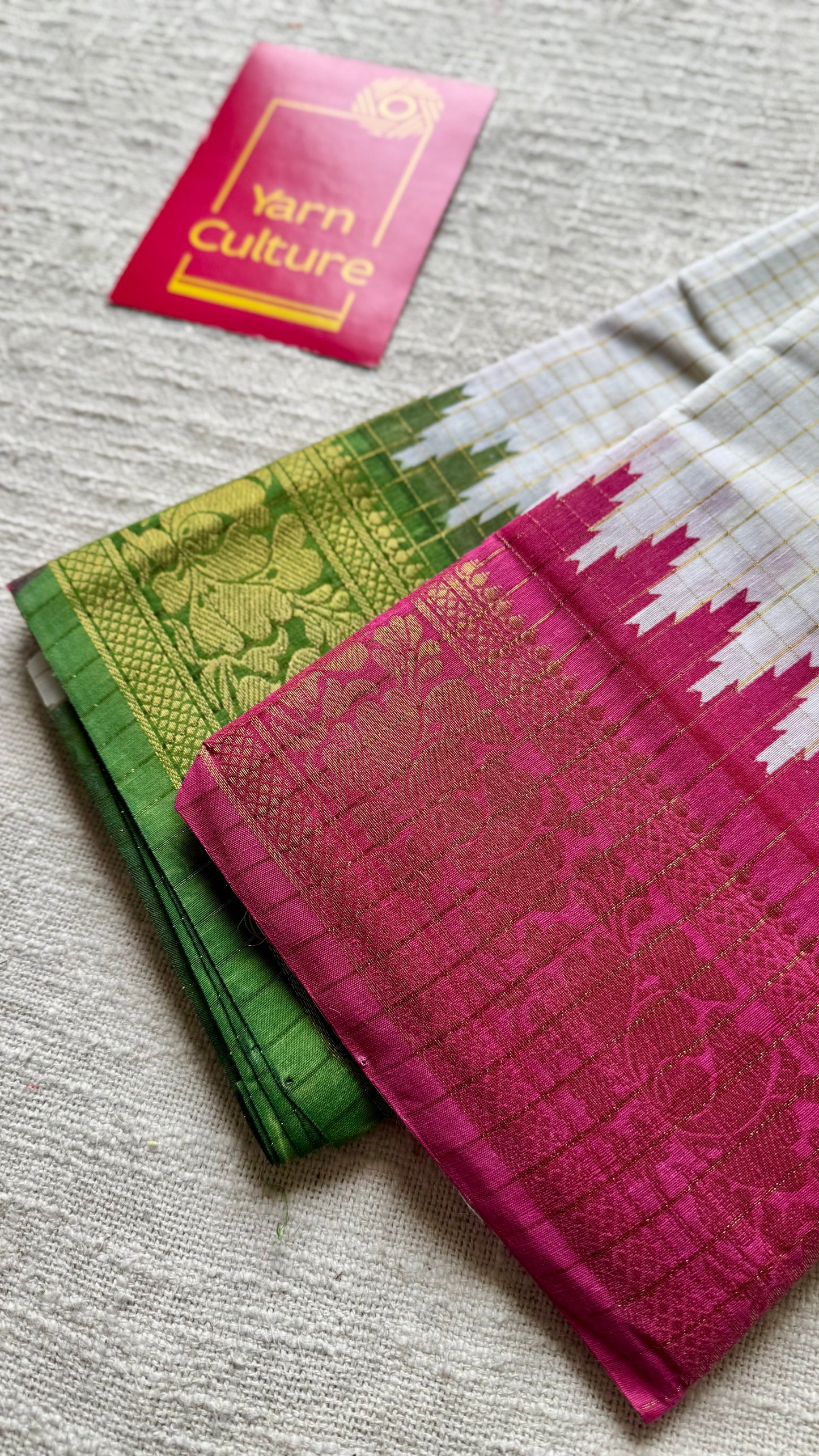 Dark Pink - Green - sungudi cotton checks, ivory gold base, soft cotton - YCON25COTN100
