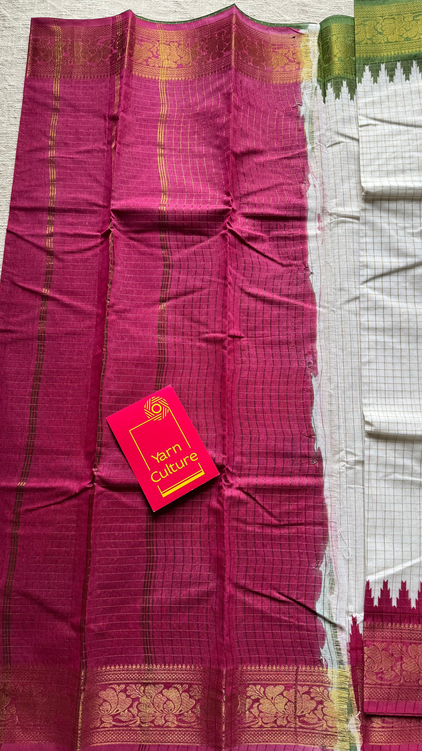 Dark Pink - Green - sungudi cotton checks, ivory gold base, soft cotton - YCON25COTN100