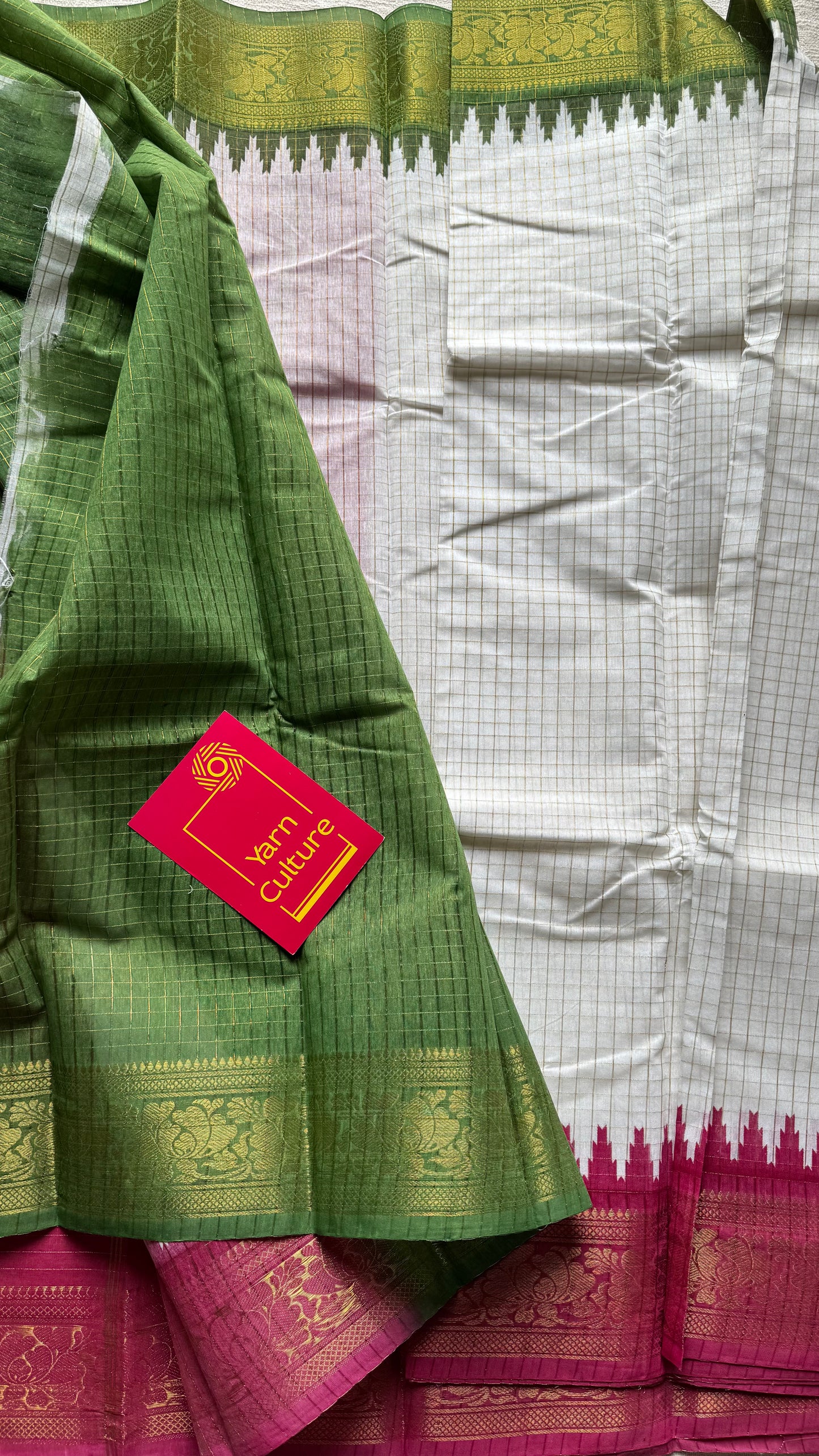 Dark Pink - Green - sungudi cotton checks, ivory gold base, soft cotton - YCON25COTN100