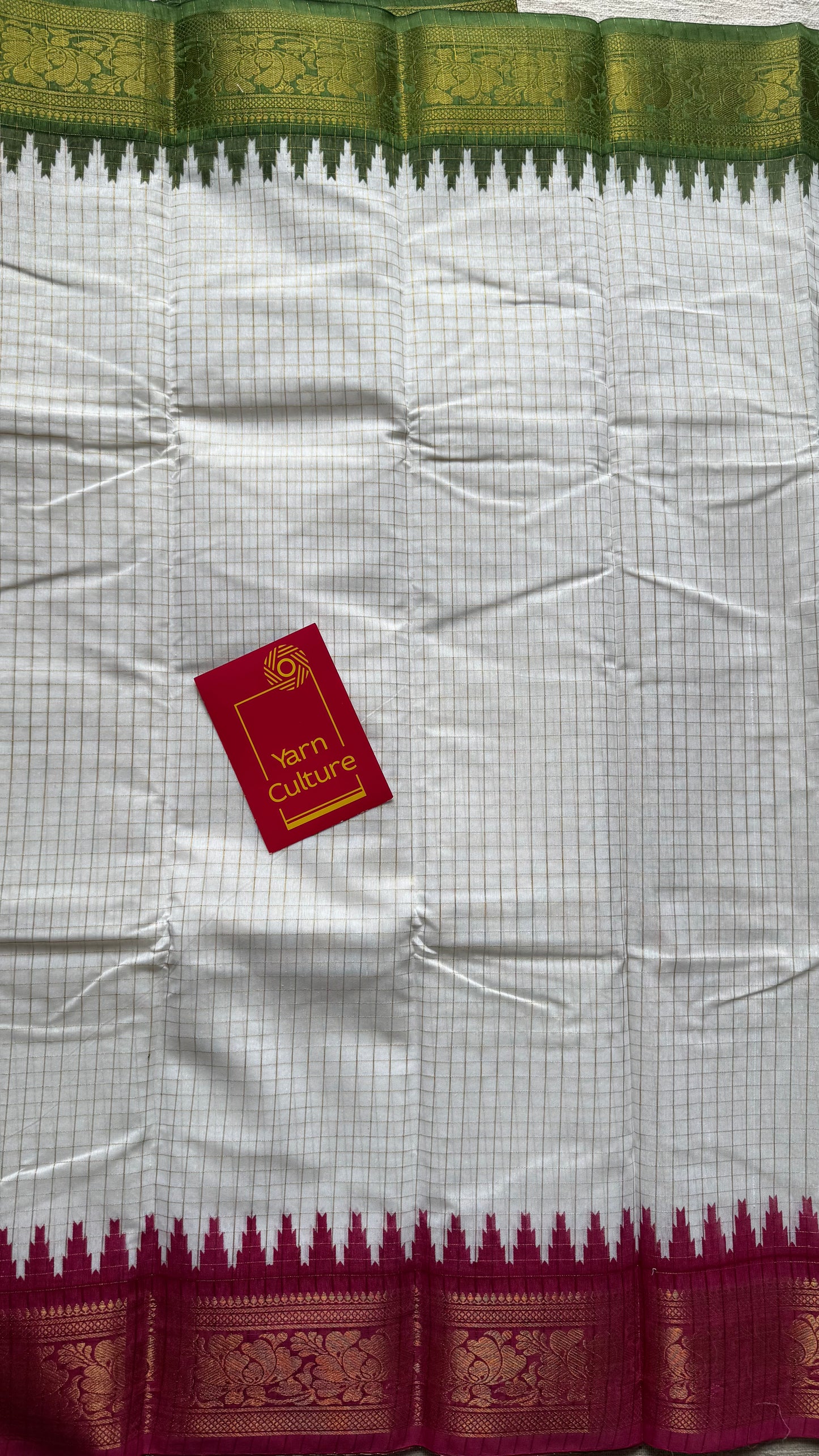 Dark Pink - Green - sungudi cotton checks, ivory gold base, soft cotton - YCON25COTN100
