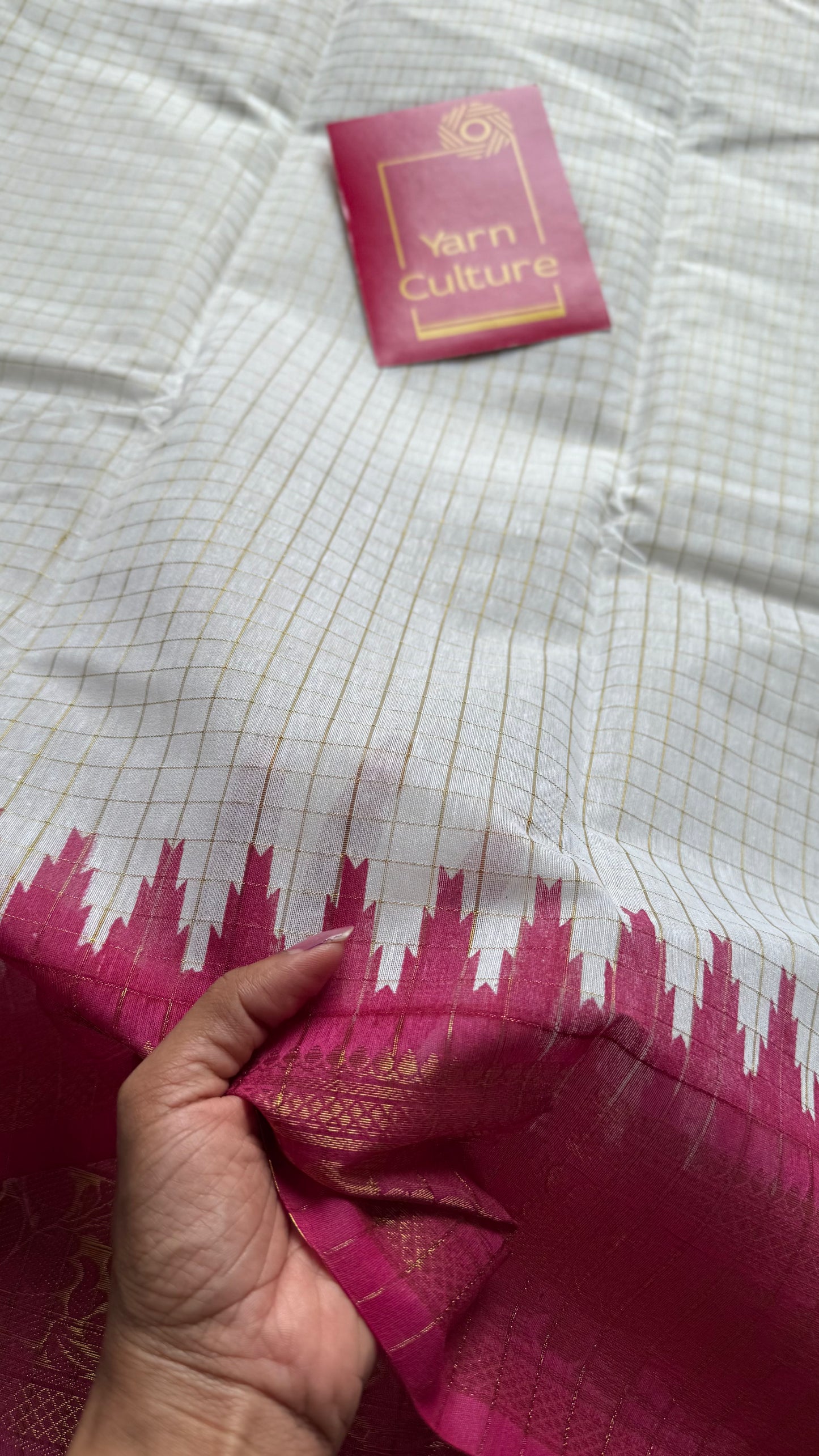 Dark Pink - Green - sungudi cotton checks, ivory gold base, soft cotton - YCON25COTN100