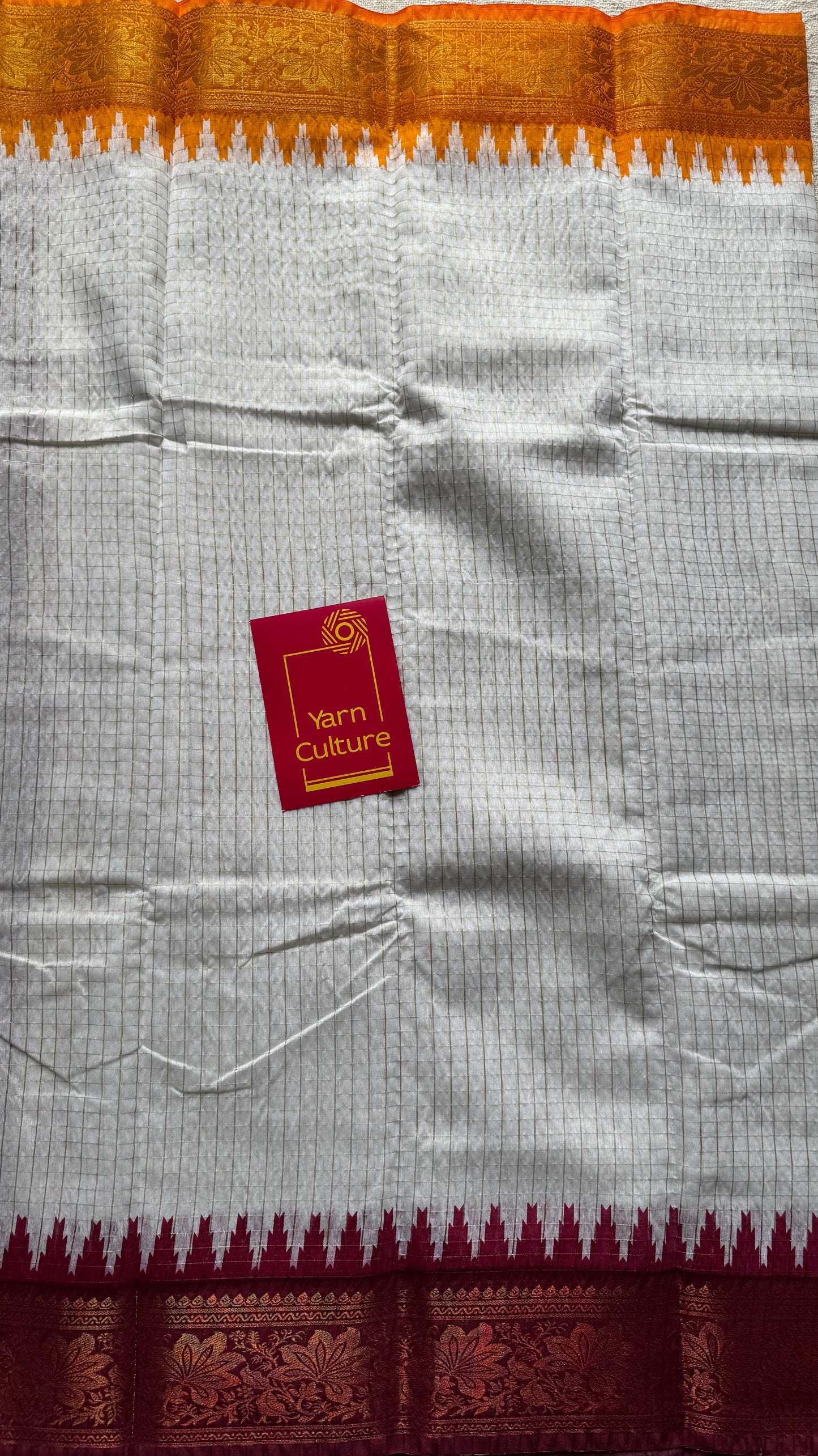 Dark Red - Yellow - sungudi cotton checks, ivory gold base, soft cotton - YCON25COTN97