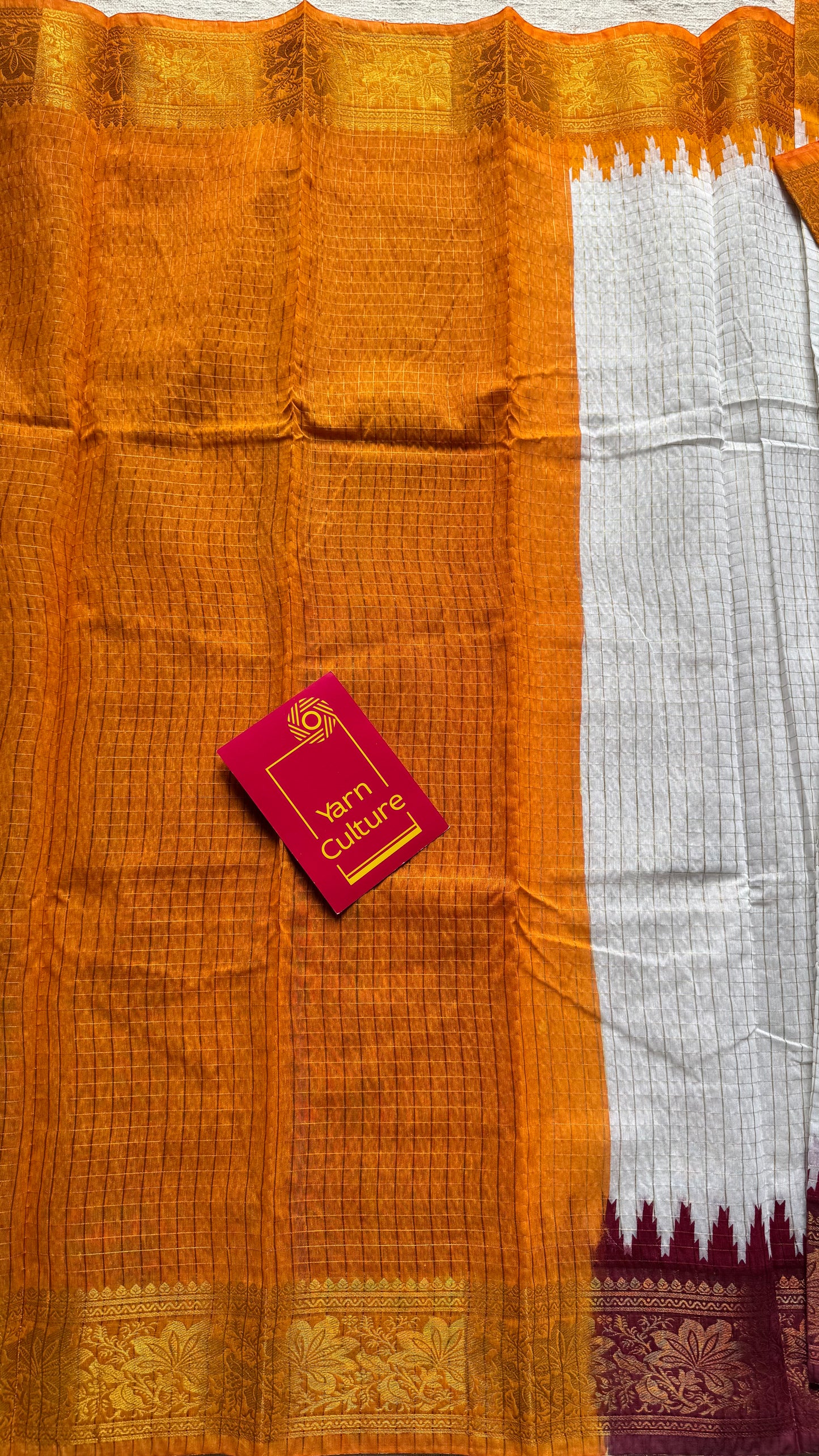 Dark Red - Yellow - sungudi cotton checks, ivory gold base, soft cotton - YCON25COTN97