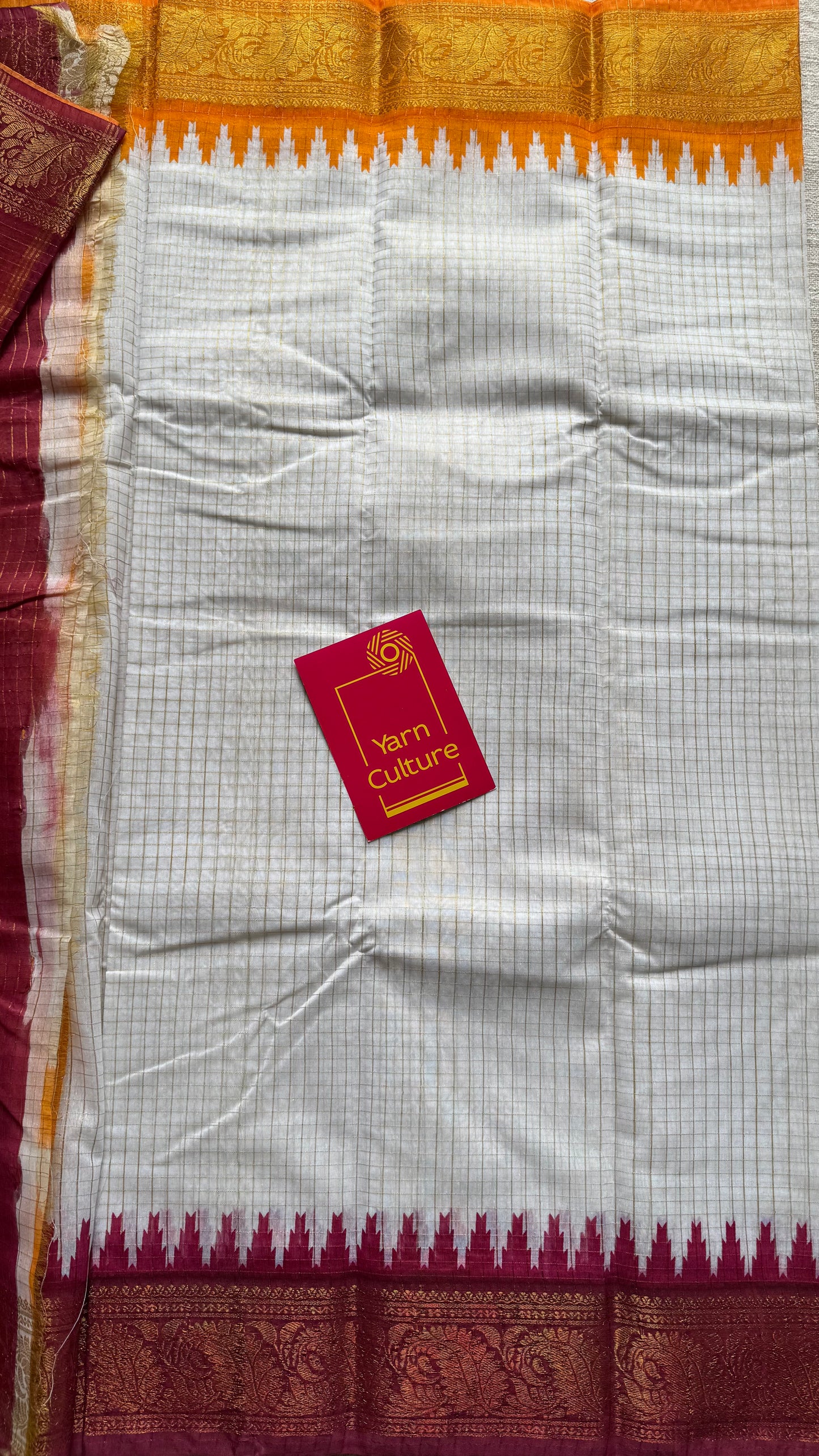 Dark Red - Yellow - sungudi cotton checks, ivory gold base, soft cotton - YCON25COTN101