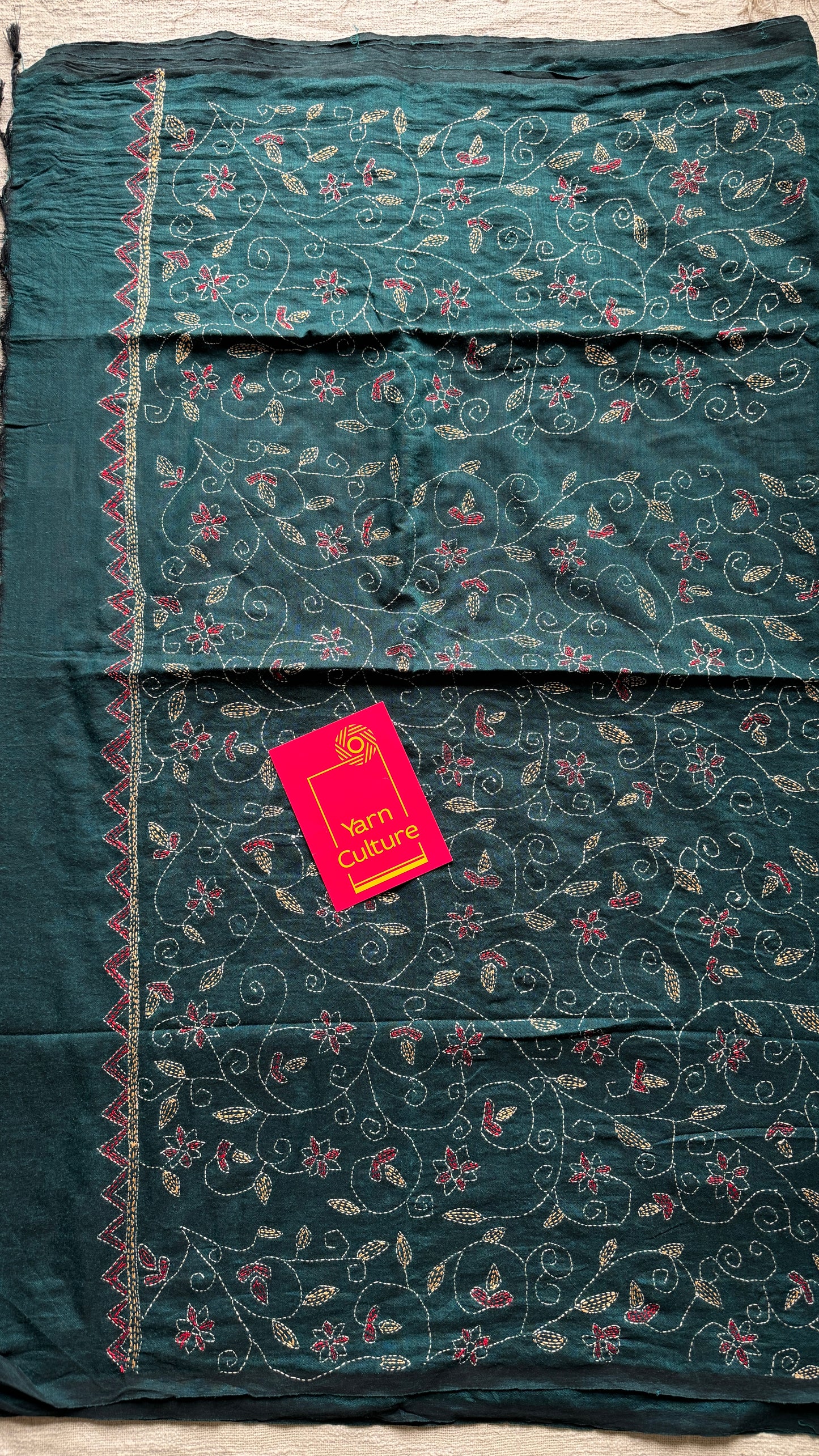Mayurshobuj (ময়ূরশোবুজ) - Peacock Green, peacock green kantha weave in soft khadi cotton - YCBCKKC09